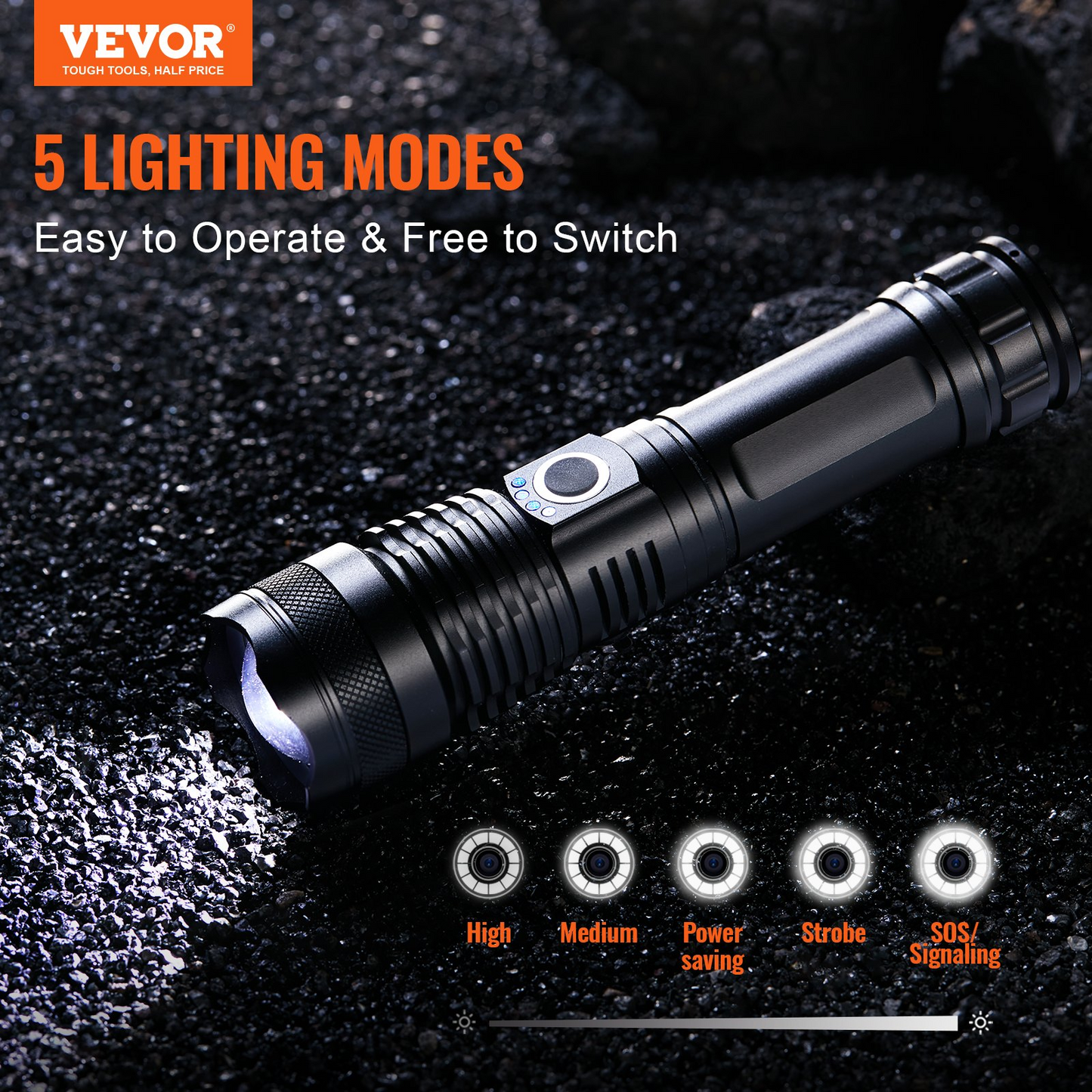 VEVOR 10000 Lumen Rechargeable Flashlight - 5 Lighting Modes, High Lumens, Waterproof Aluminum Alloy for Outdoor & Emergency Use