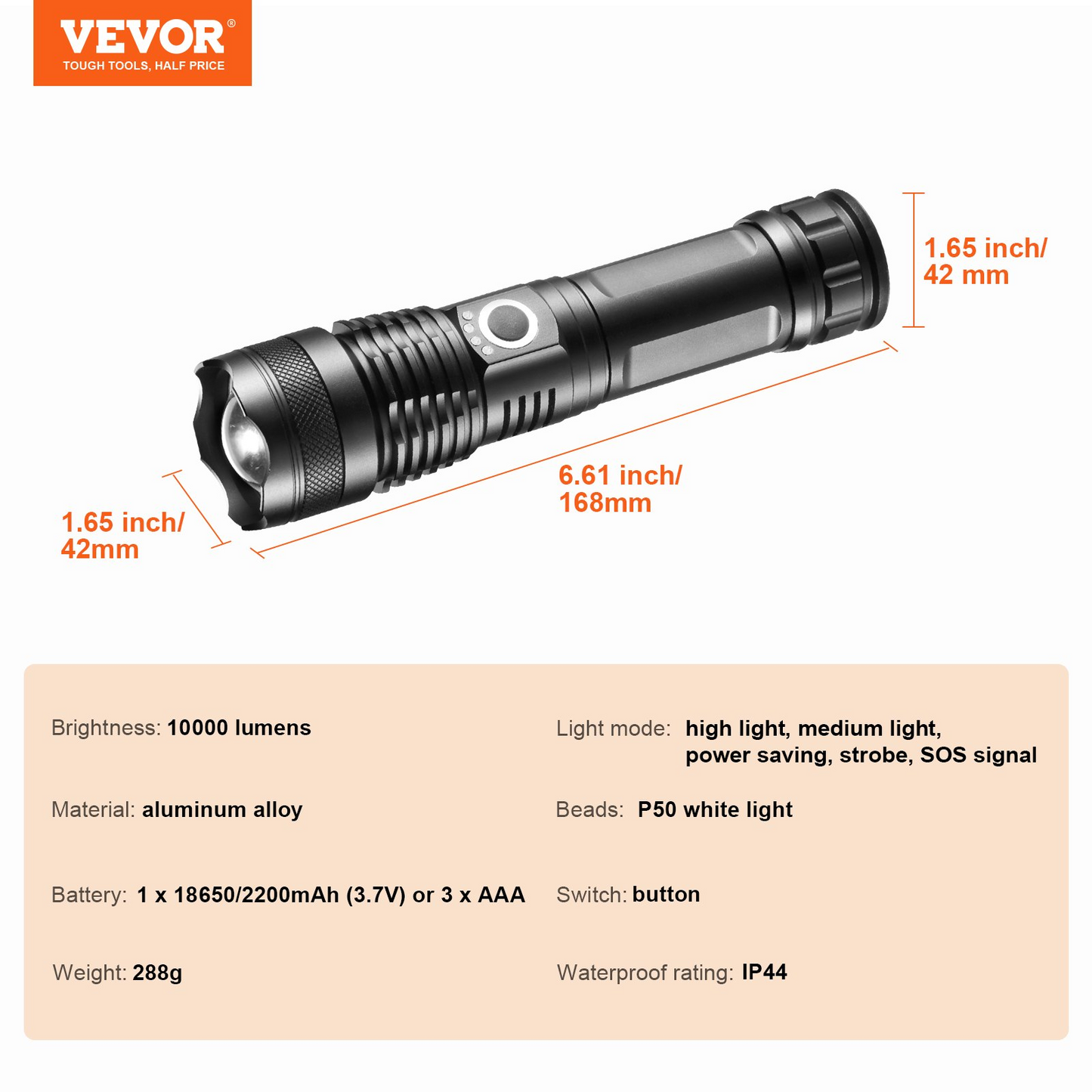 VEVOR 10000 Lumen Rechargeable Flashlight - 5 Lighting Modes, High Lumens, Waterproof Aluminum Alloy for Outdoor & Emergency Use