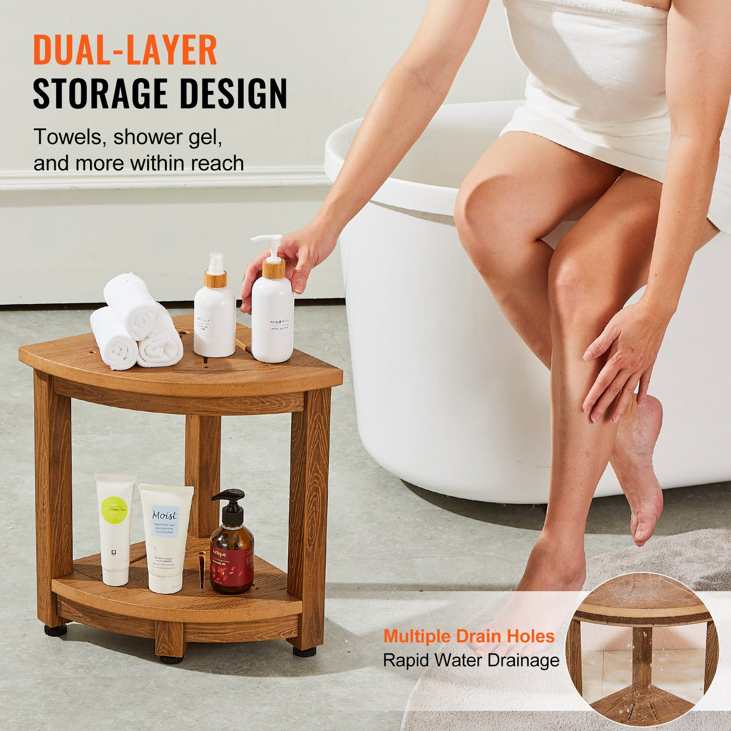 VEVOR Corner Shower Bench - Durable Faux Wood Grain Polystyrene, Water-Resistant Shower Stool with Storage Shelf, Perfect for Indoor and Outdoor Use