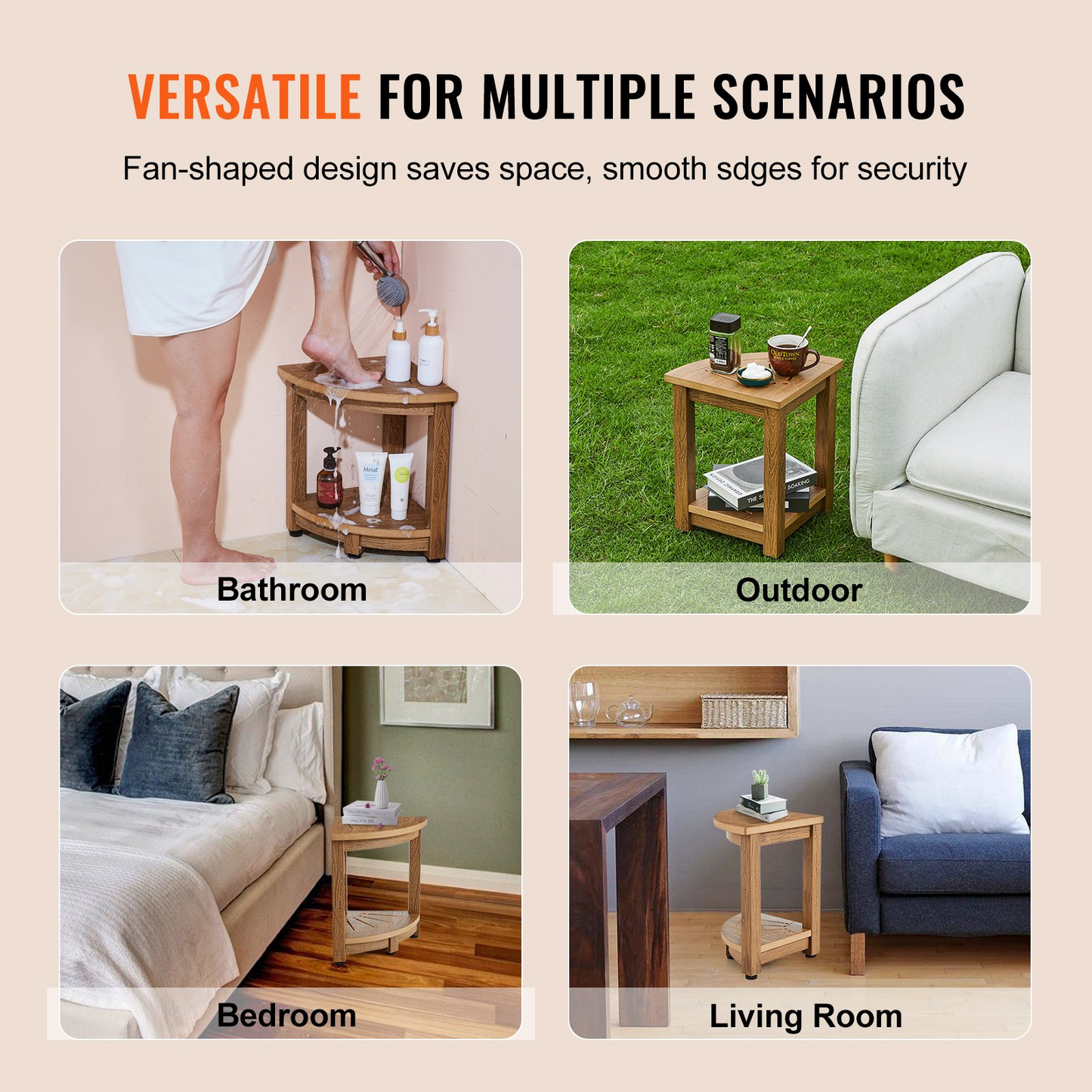 VEVOR Corner Shower Bench - Durable Faux Wood Grain Polystyrene, Water-Resistant Shower Stool with Storage Shelf, Perfect for Indoor and Outdoor Use
