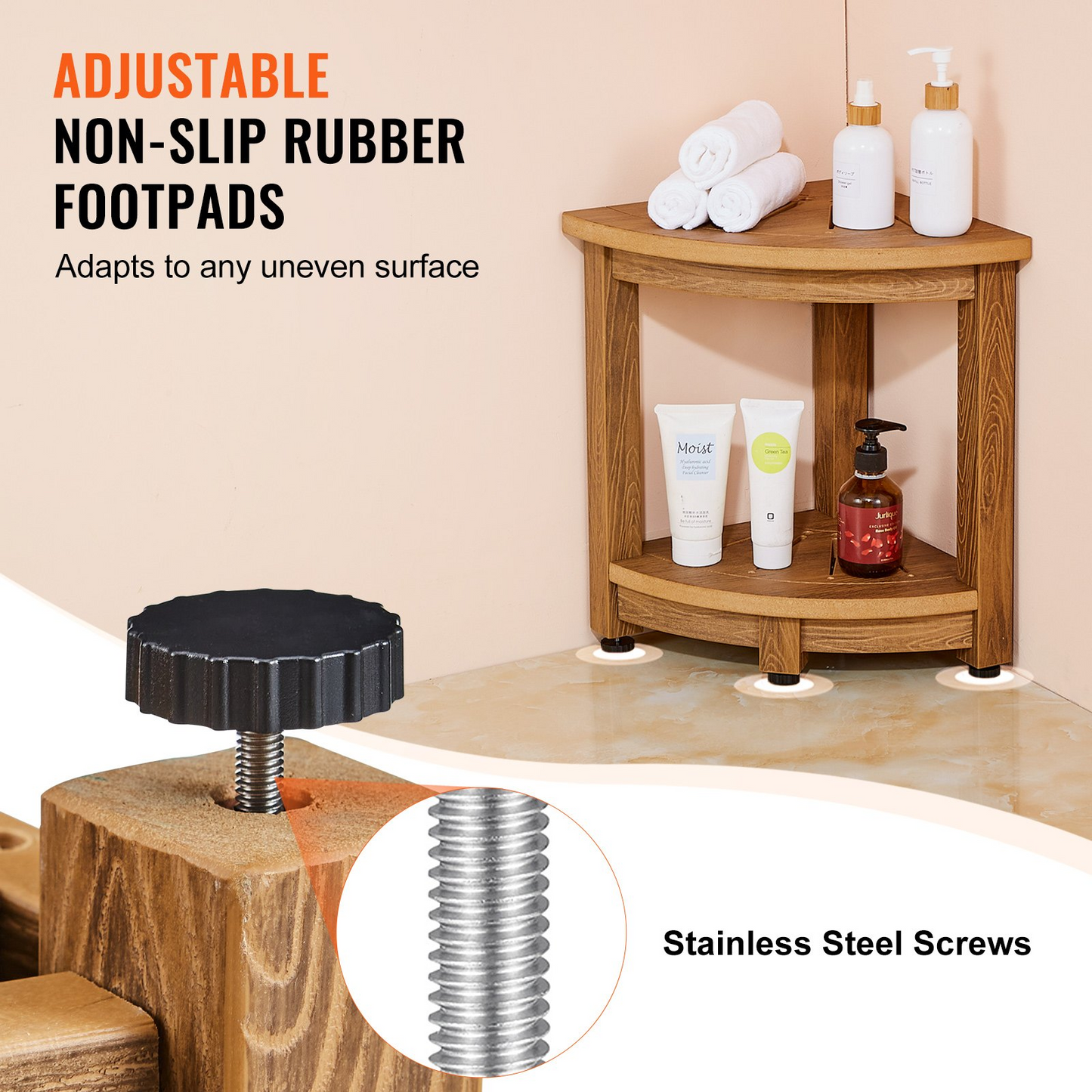 VEVOR Corner Shower Bench - Durable Faux Wood Grain Polystyrene, Water-Resistant Shower Stool with Storage Shelf, Perfect for Indoor and Outdoor Use