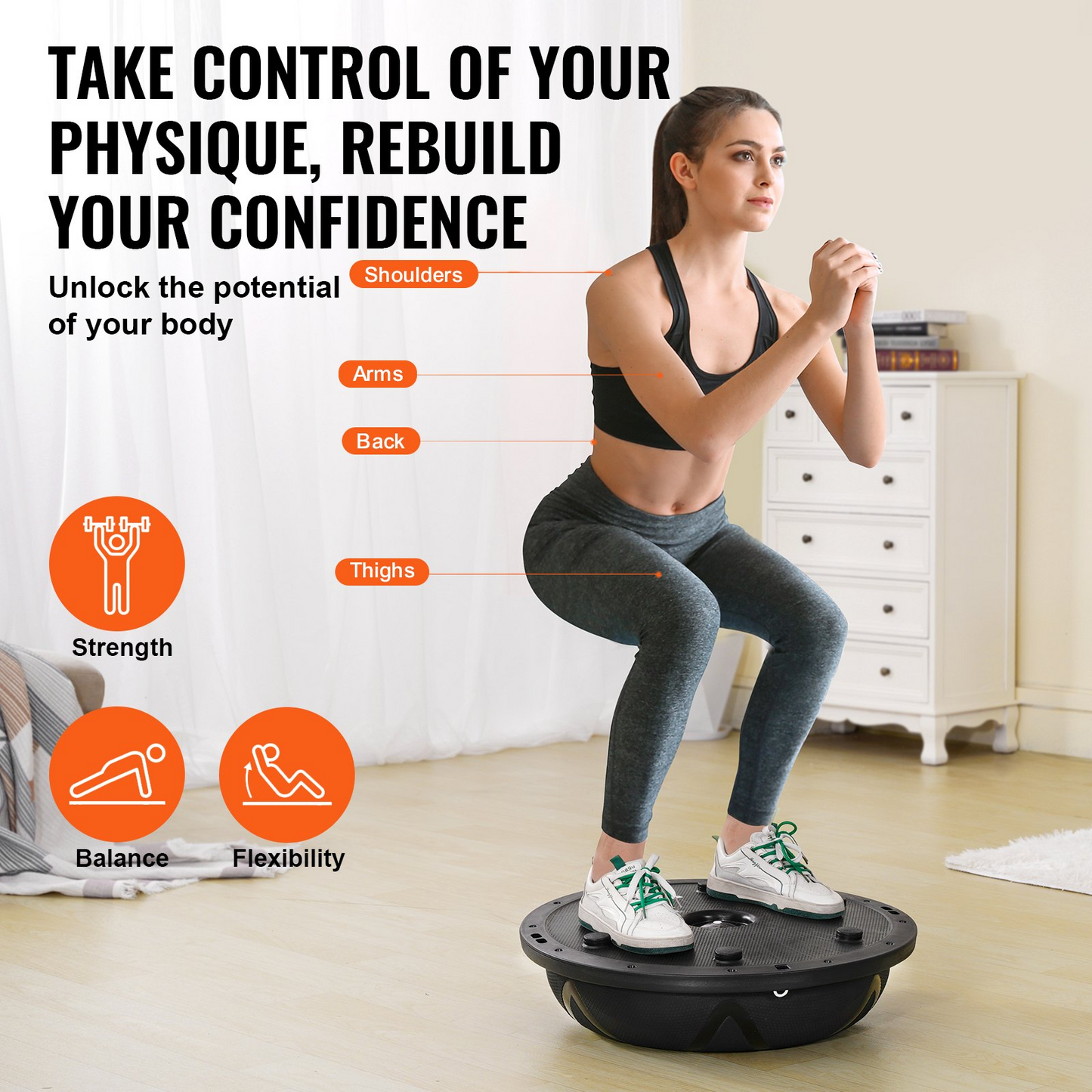 VEVOR 23-Inch Half Exercise Ball Trainer with Resistance Bands & Pump - 660 lbs Capacity - Stability Ball for Full Body Workouts, Yoga, Home Gym - Black
