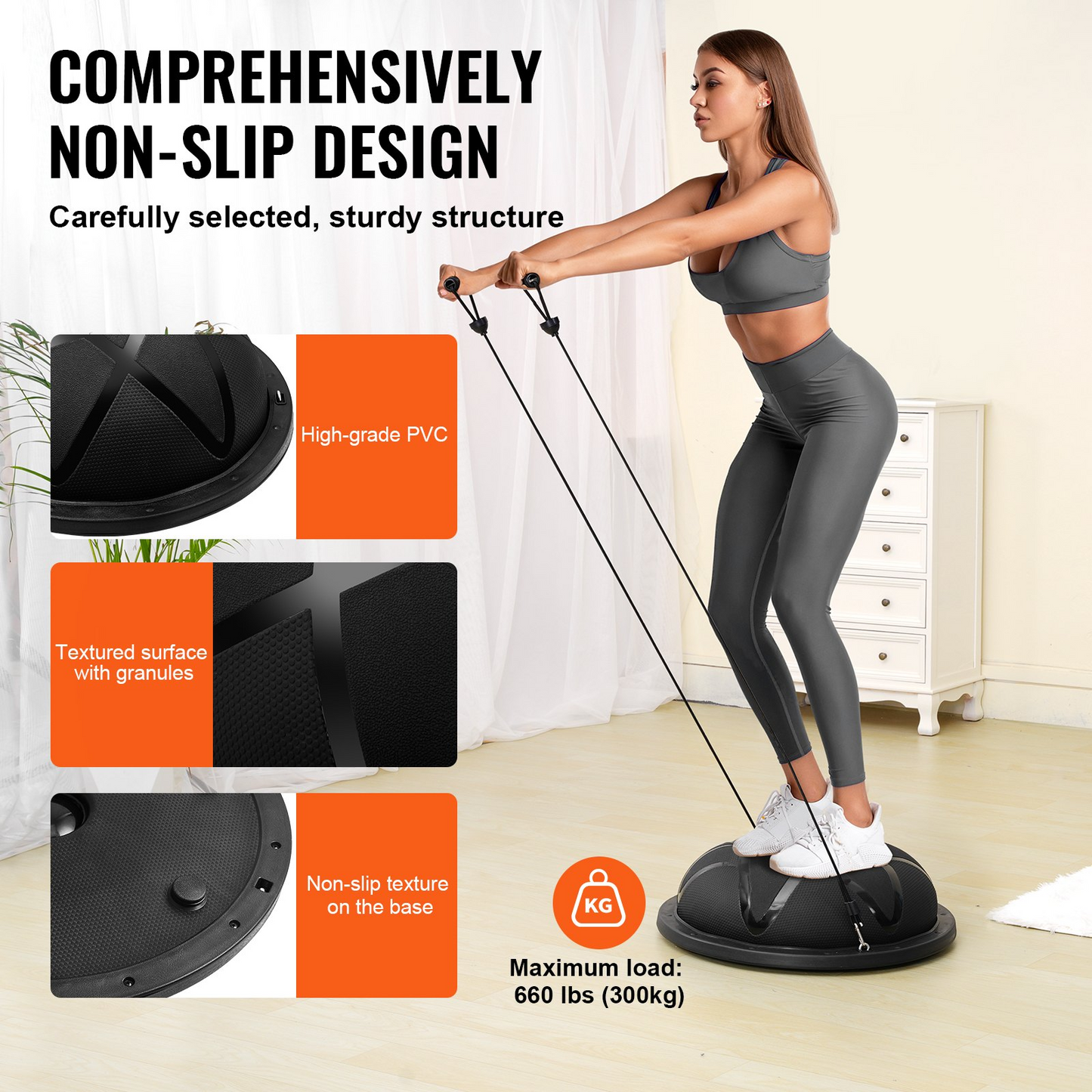 VEVOR 23-Inch Half Exercise Ball Trainer with Resistance Bands & Pump - 660 lbs Capacity - Stability Ball for Full Body Workouts, Yoga, Home Gym - Black