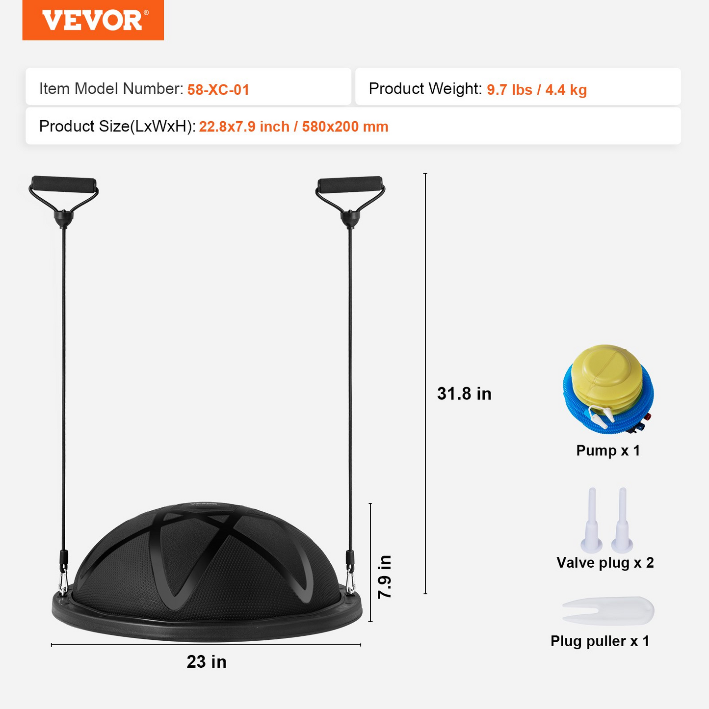 VEVOR 23-Inch Half Exercise Ball Trainer with Resistance Bands & Pump - 660 lbs Capacity - Stability Ball for Full Body Workouts, Yoga, Home Gym - Black