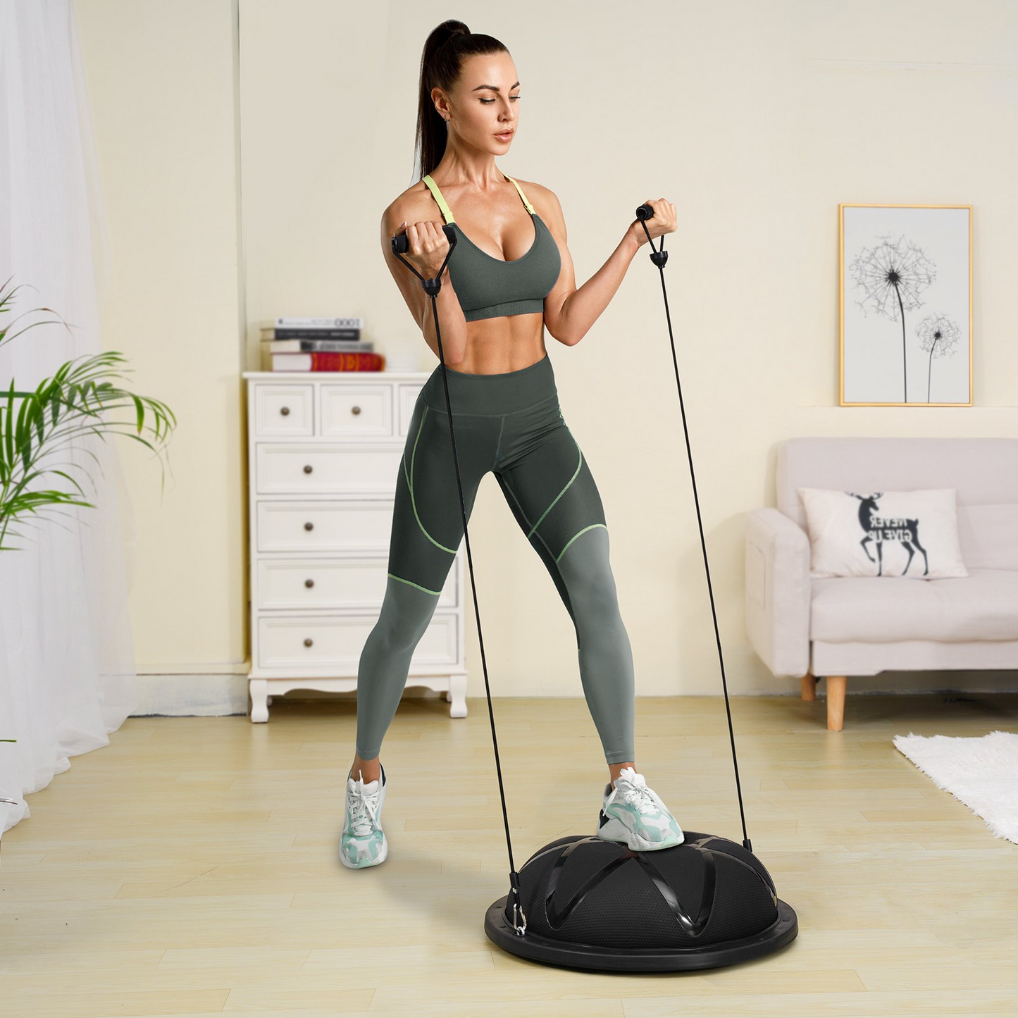 VEVOR 23-Inch Half Exercise Ball Trainer with Resistance Bands & Pump - 660 lbs Capacity - Stability Ball for Full Body Workouts, Yoga, Home Gym - Black