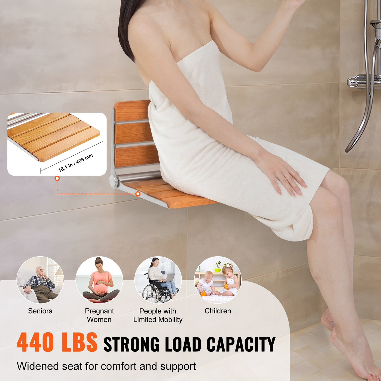 VEVOR Wall Mounted Folding Oak Shower Seat - Space-Saving Fold-Up Bench with High Load Capacity and Waterproof Design, Ideal for All Ages