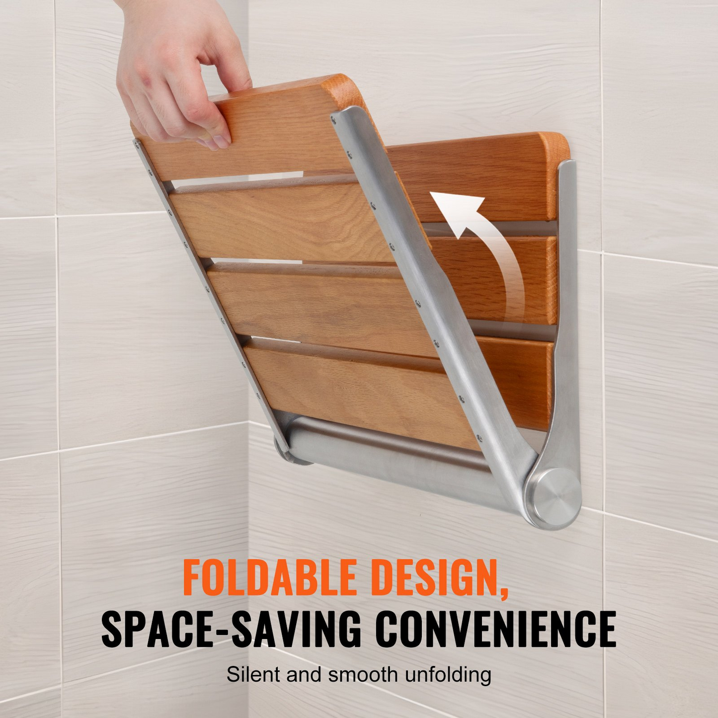 VEVOR Wall Mounted Folding Oak Shower Seat - Space-Saving Fold-Up Bench with High Load Capacity and Waterproof Design, Ideal for All Ages