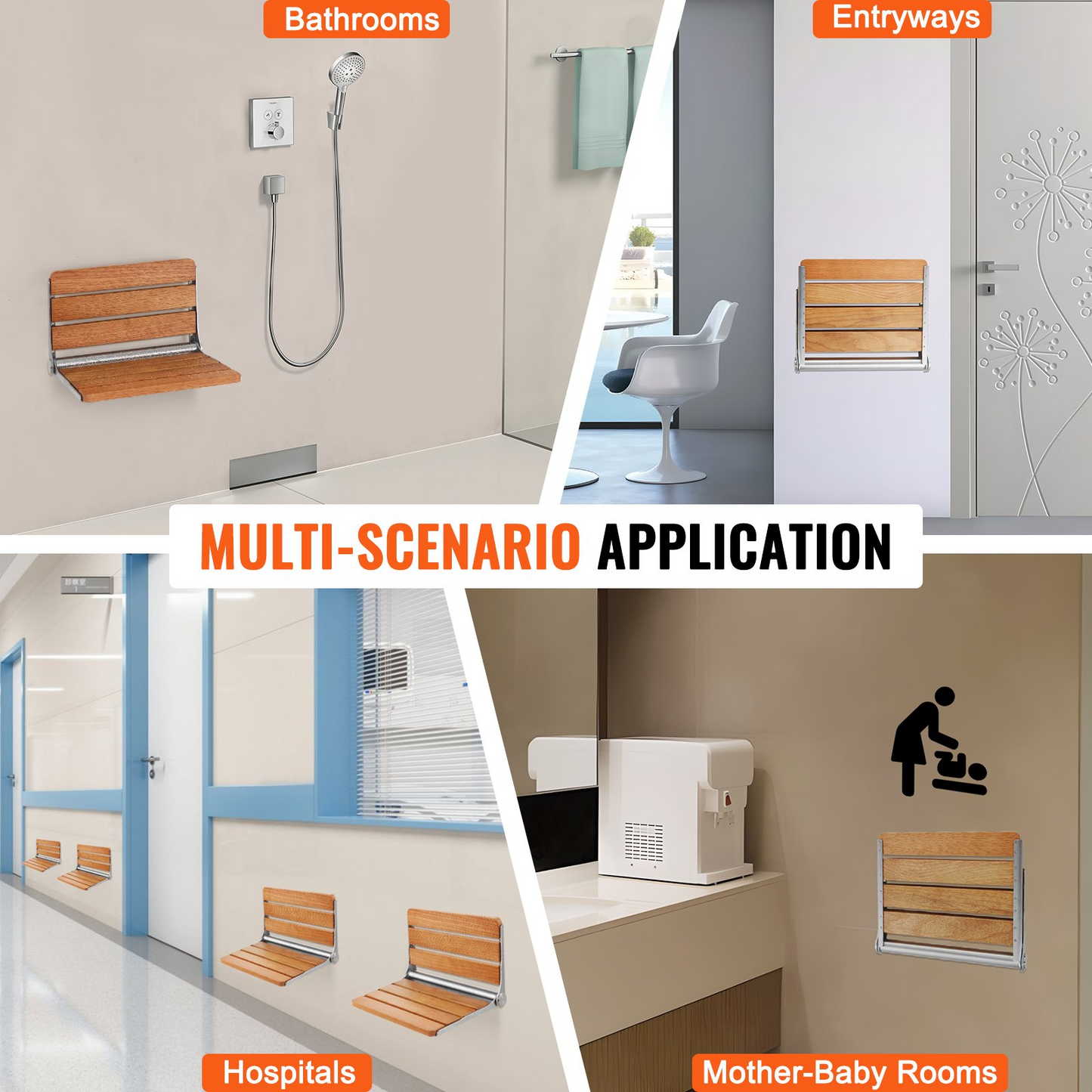 VEVOR Wall Mounted Folding Oak Shower Seat - Space-Saving Fold-Up Bench with High Load Capacity and Waterproof Design, Ideal for All Ages