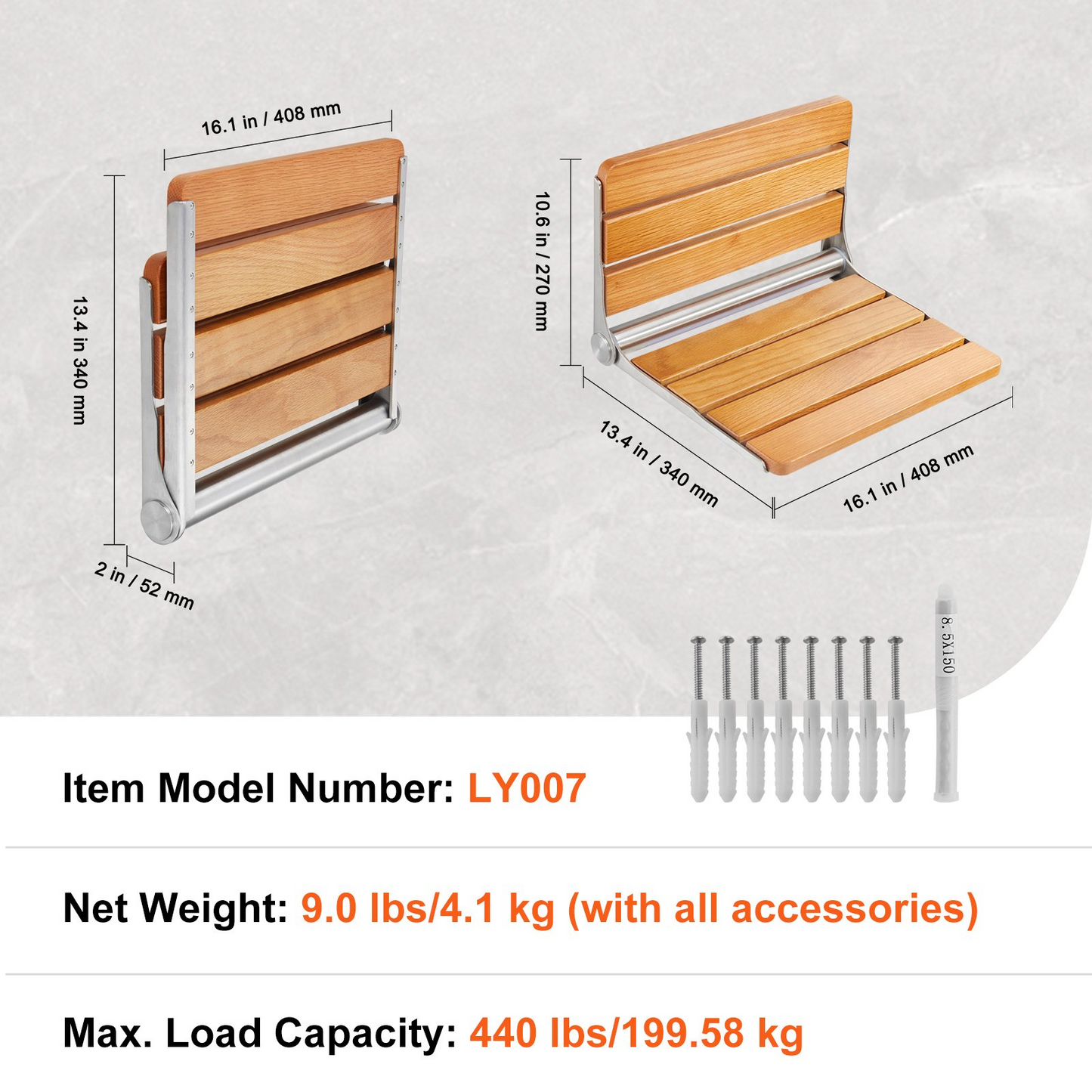 VEVOR Wall Mounted Folding Oak Shower Seat - Space-Saving Fold-Up Bench with High Load Capacity and Waterproof Design, Ideal for All Ages