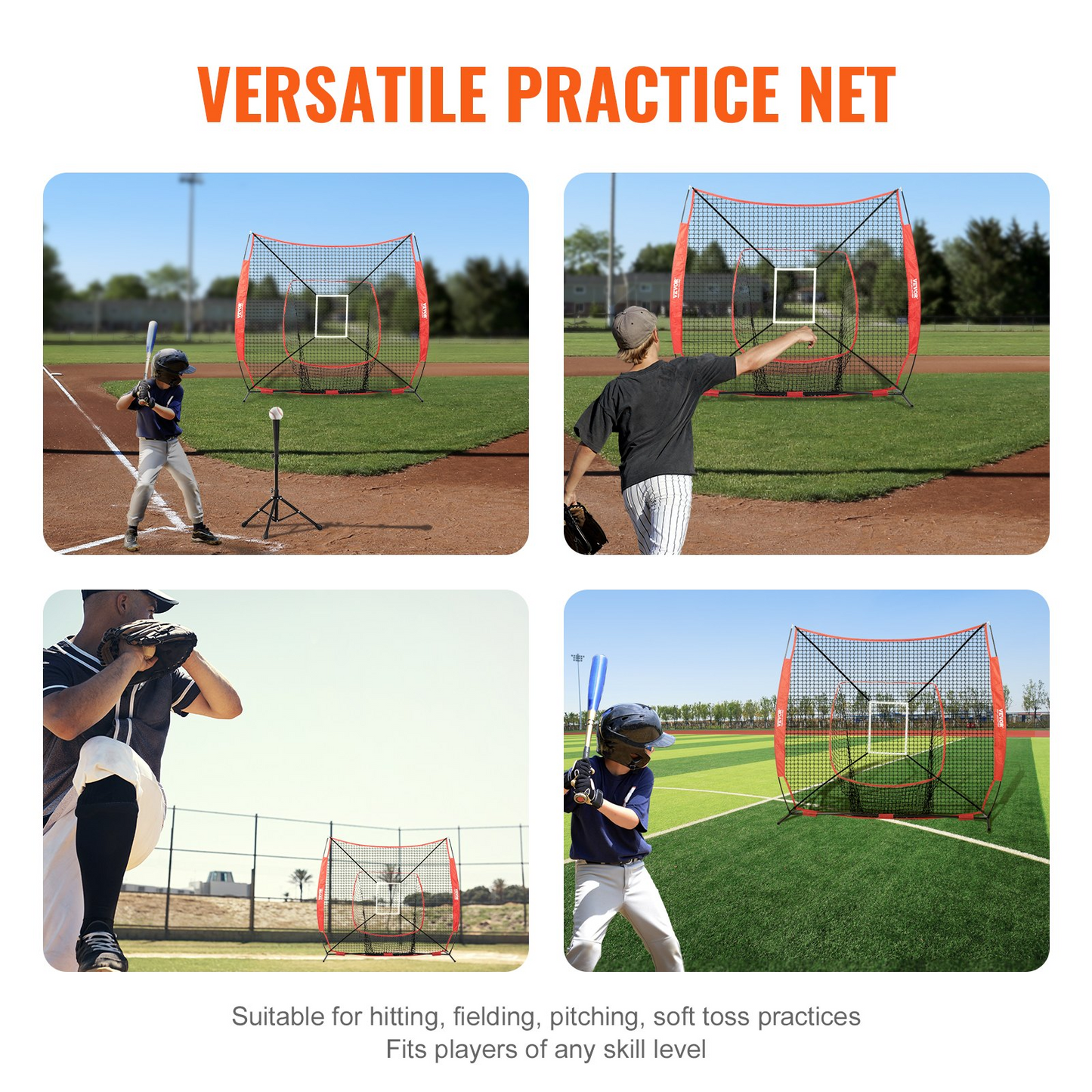 VEVOR 7x7 ft Baseball Softball Practice Net | Portable Training Net with Strike Zone for Hitting, Batting, Pitching, Catching | Durable Knotless Polyester, Easy Setup & Storage | Enhance Your Skills