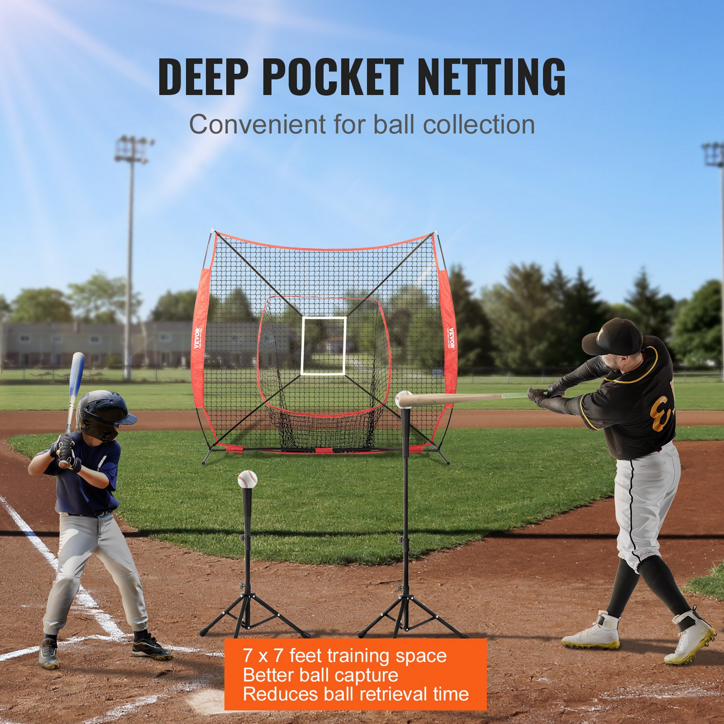 VEVOR 7x7 ft Baseball Softball Practice Net | Portable Training Net with Strike Zone for Hitting, Batting, Pitching, Catching | Durable Knotless Polyester, Easy Setup & Storage | Enhance Your Skills