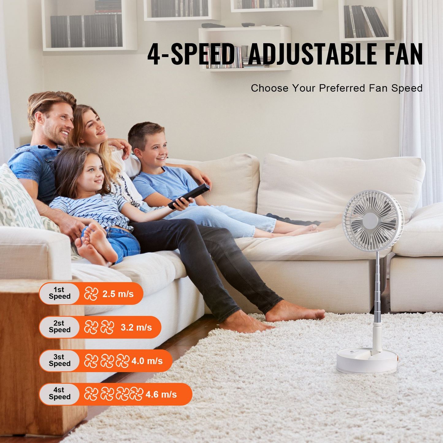 VEVOR 8 Inch Foldable Oscillating Standing Fan - Portable, Rechargeable & Remote Controlled for Home, Office, and Travel