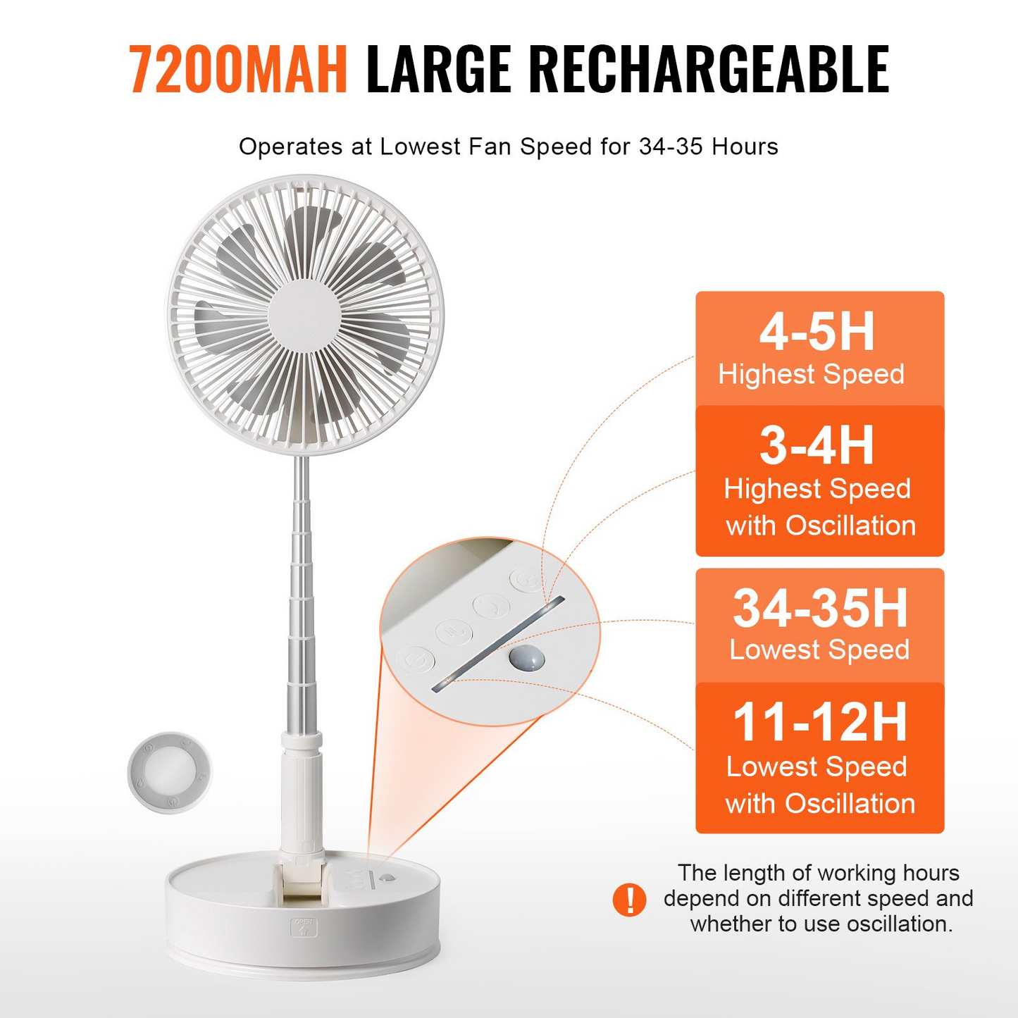 VEVOR 8 Inch Foldable Oscillating Standing Fan - Portable, Rechargeable & Remote Controlled for Home, Office, and Travel
