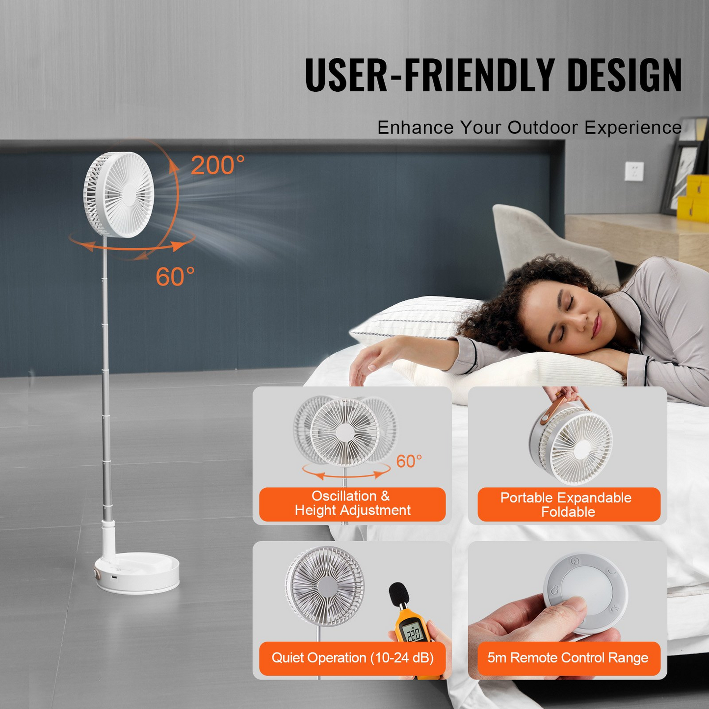 VEVOR 8 Inch Foldable Oscillating Standing Fan - Portable, Rechargeable & Remote Controlled for Home, Office, and Travel