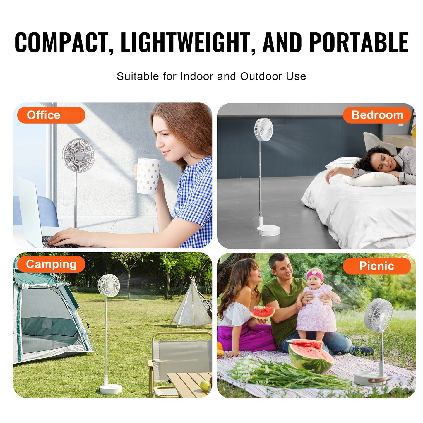 VEVOR 8 Inch Foldable Oscillating Standing Fan - Portable, Rechargeable & Remote Controlled for Home, Office, and Travel