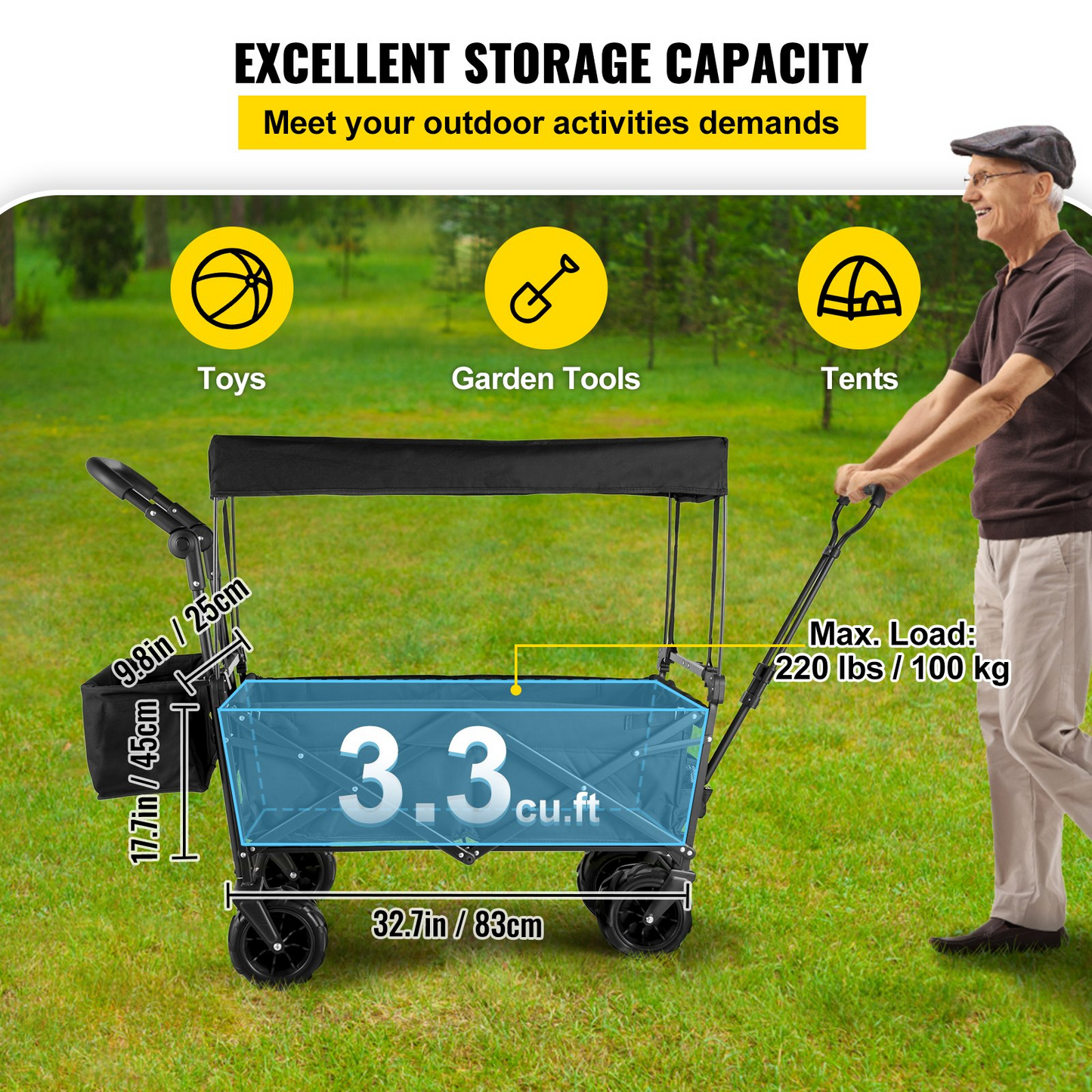 VEVOR Extra Large Collapsible Garden Cart - Heavy Duty, All-Terrain Folding Wagon with Removable Canopy | Ideal for Gardening, Camping, and Shopping - Black