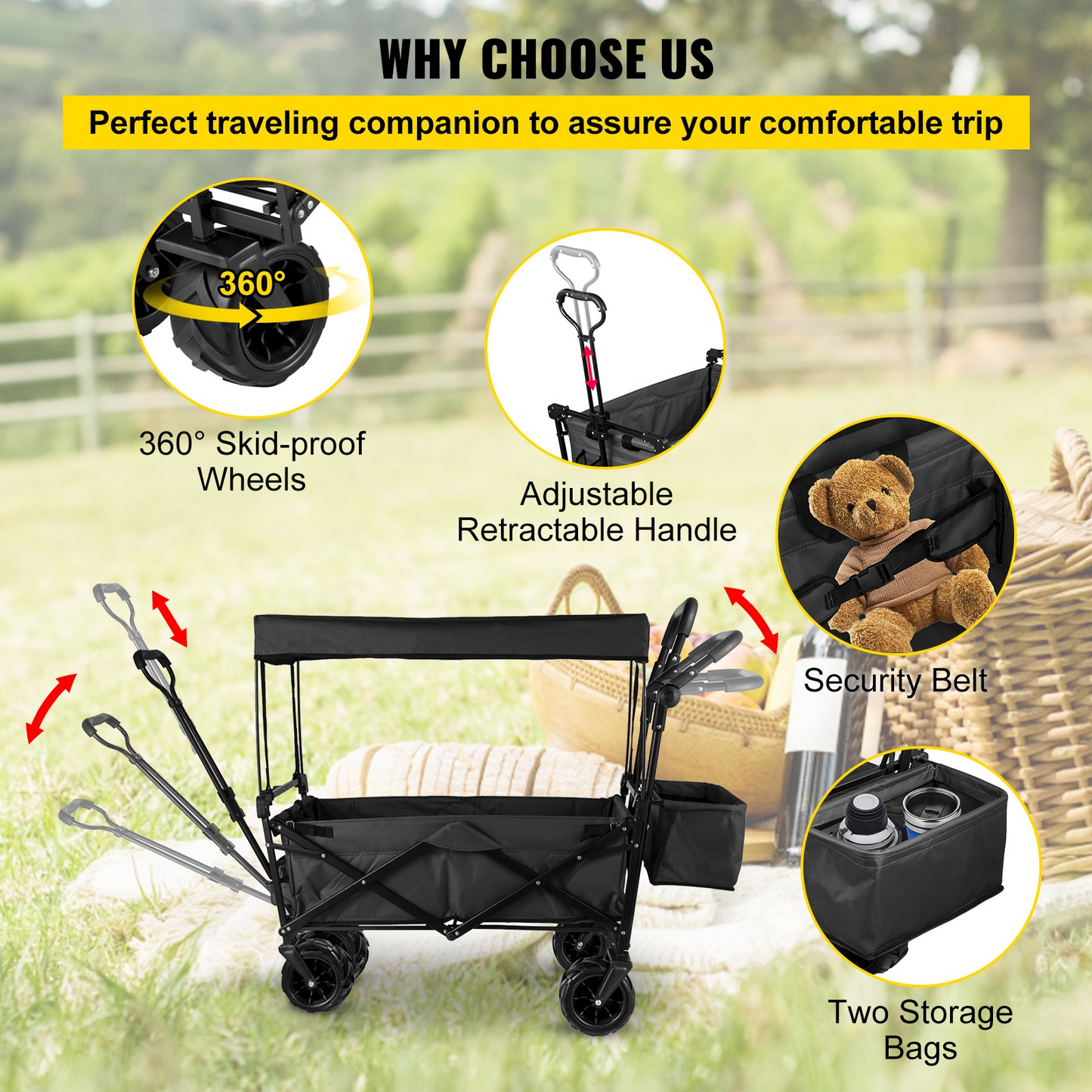 VEVOR Extra Large Collapsible Garden Cart - Heavy Duty, All-Terrain Folding Wagon with Removable Canopy | Ideal for Gardening, Camping, and Shopping - Black