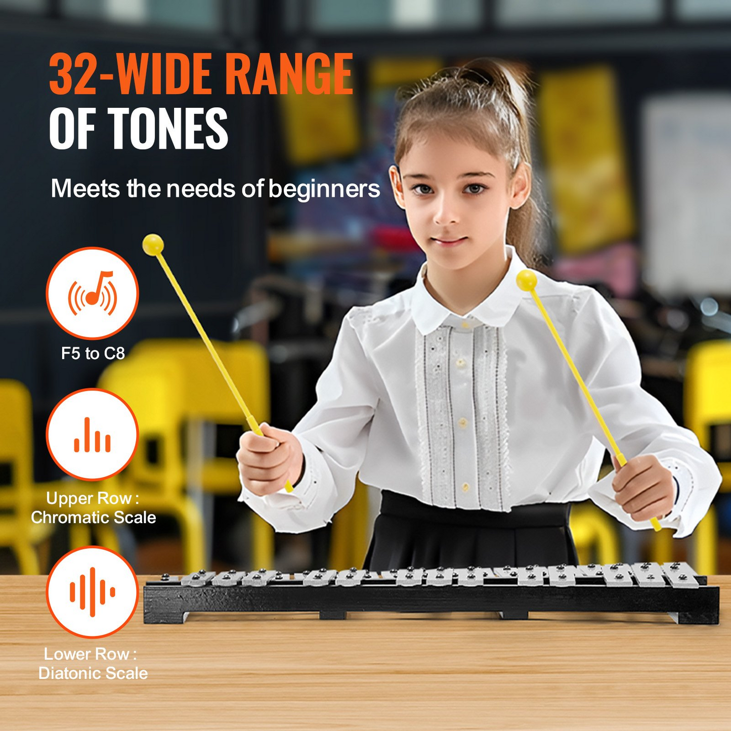 VEVOR 32 Note Glockenspiel Xylophone Bell Kit - Professional Grade Percussion Instrument for Adults & Students, Portable with Protective Backpack