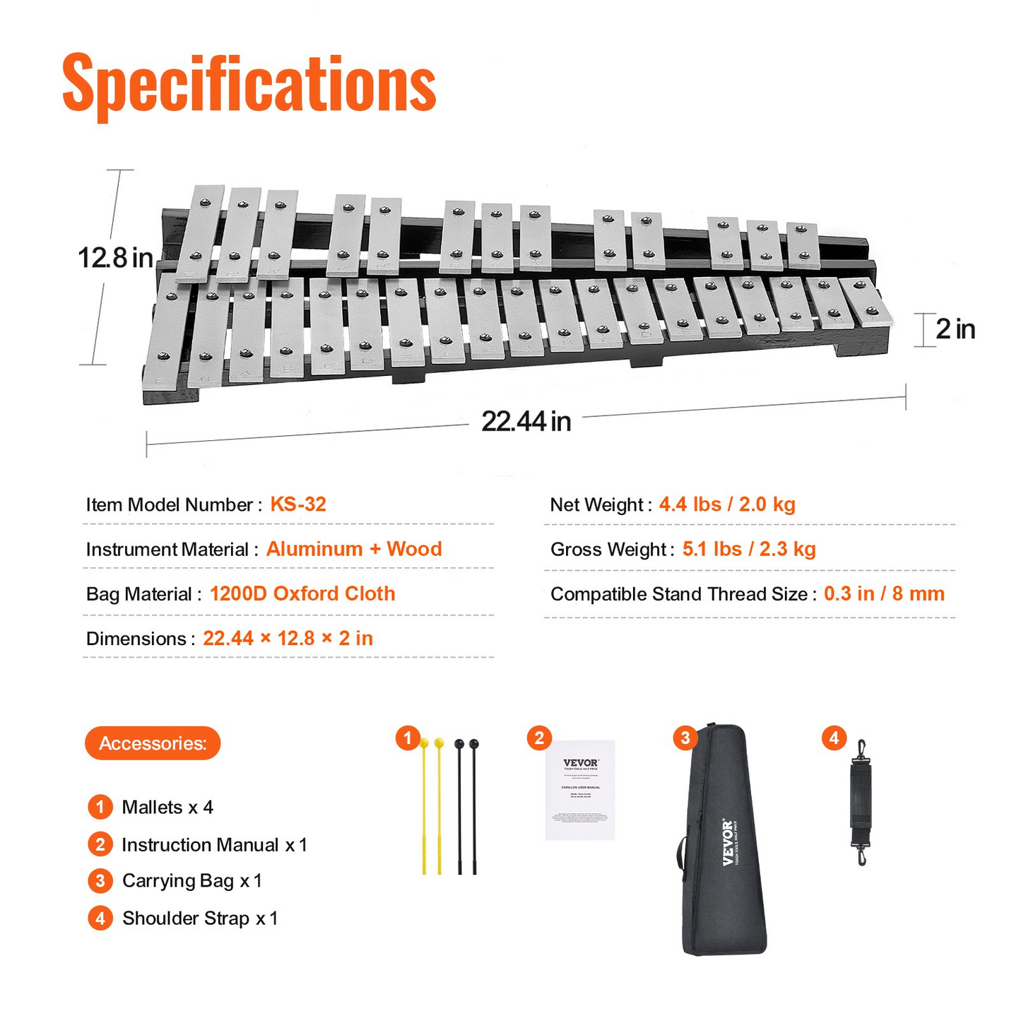 VEVOR 32 Note Glockenspiel Xylophone Bell Kit - Professional Grade Percussion Instrument for Adults & Students, Portable with Protective Backpack
