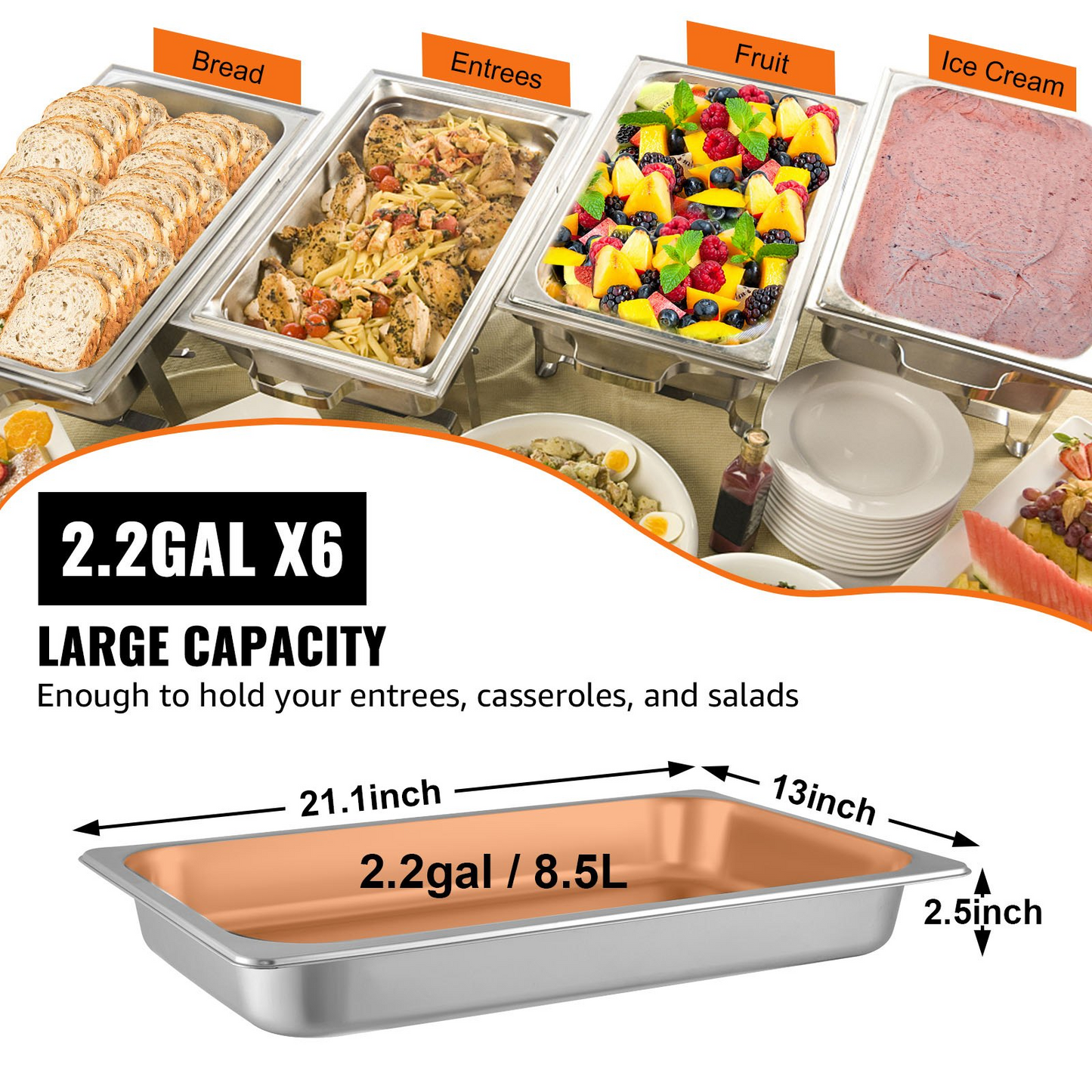 Durable Stainless Steel Hotel Pans Full Size Set - 6 Pack, 2.5 Inch Deep Steam Table Pans for Catering, Buffet & Food Service - Anti-Jam Design