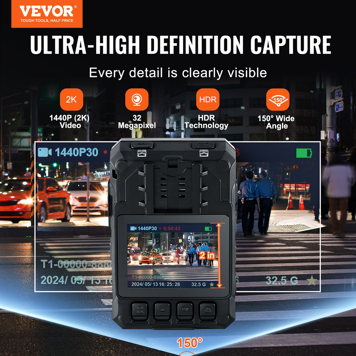 VEVOR 1440P HD Police Body Camera - 64GB Memory, Infrared Night Vision, GPS, Waterproof, 3500 mAh Battery