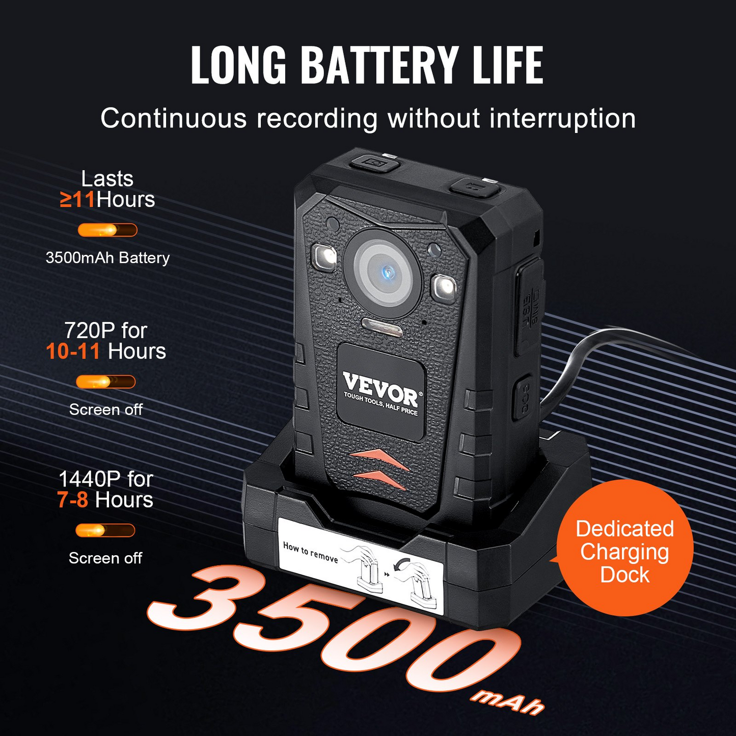 VEVOR 1440P HD Police Body Camera - 64GB Memory, Infrared Night Vision, GPS, Waterproof, 3500 mAh Battery