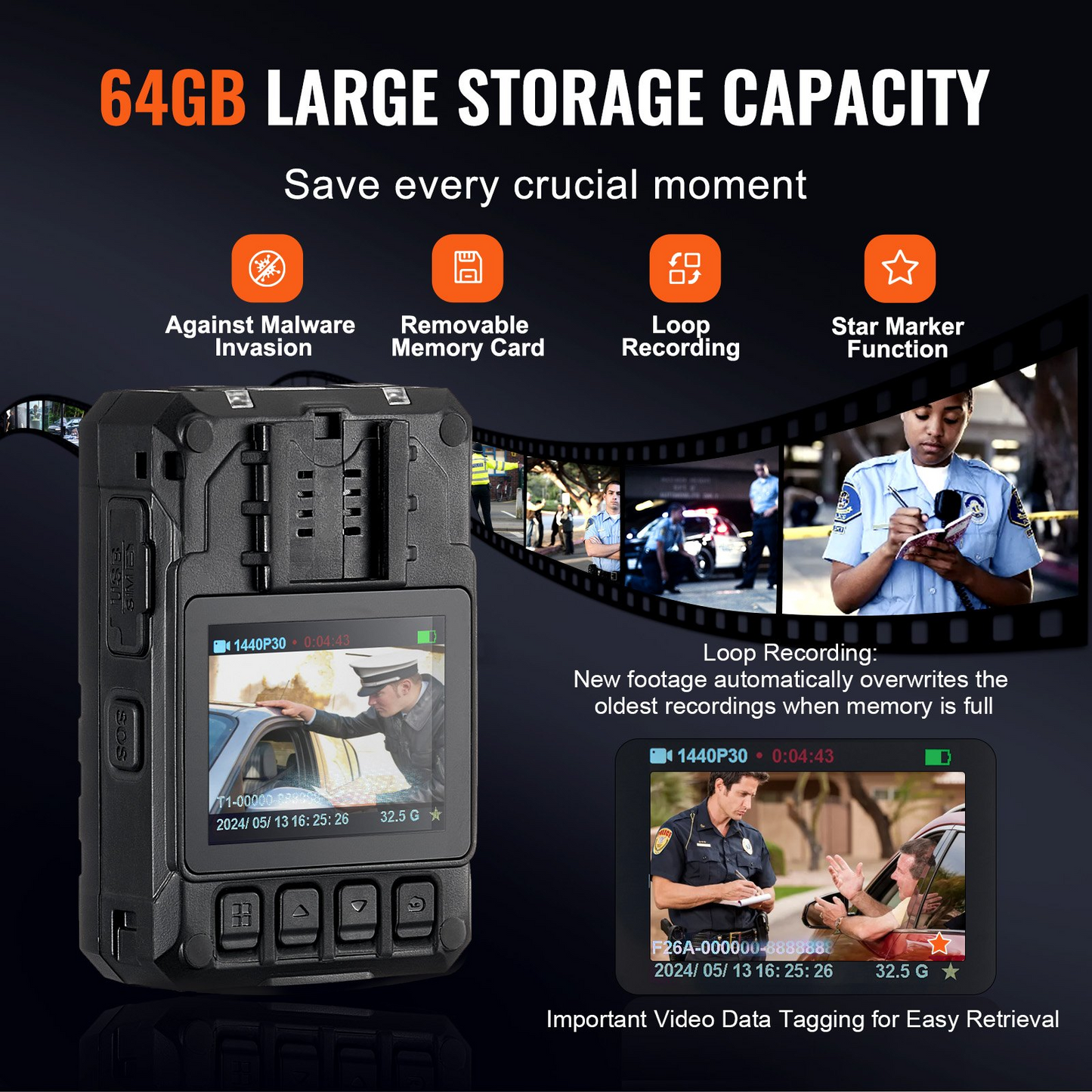 VEVOR 1440P HD Police Body Camera - 64GB Memory, Infrared Night Vision, GPS, Waterproof, 3500 mAh Battery