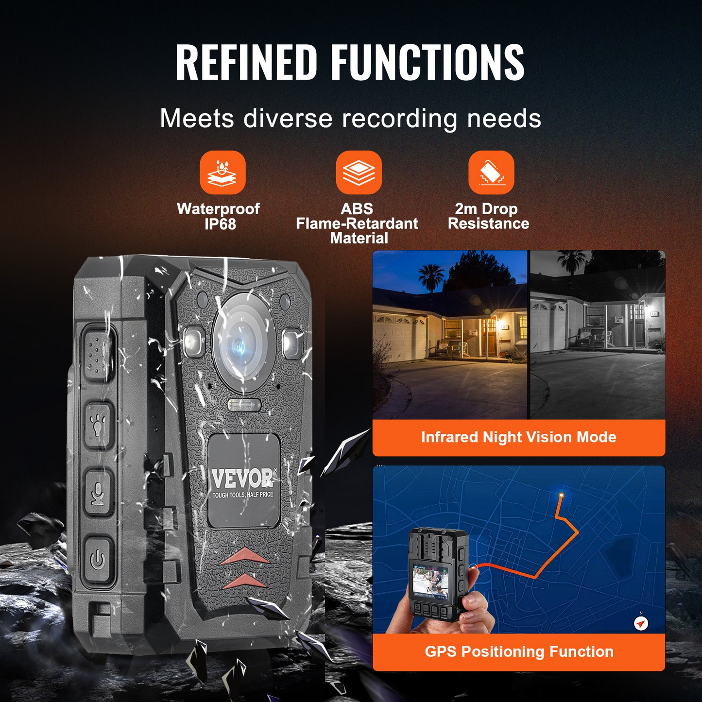 VEVOR 1440P HD Police Body Camera - 64GB Memory, Infrared Night Vision, GPS, Waterproof, 3500 mAh Battery