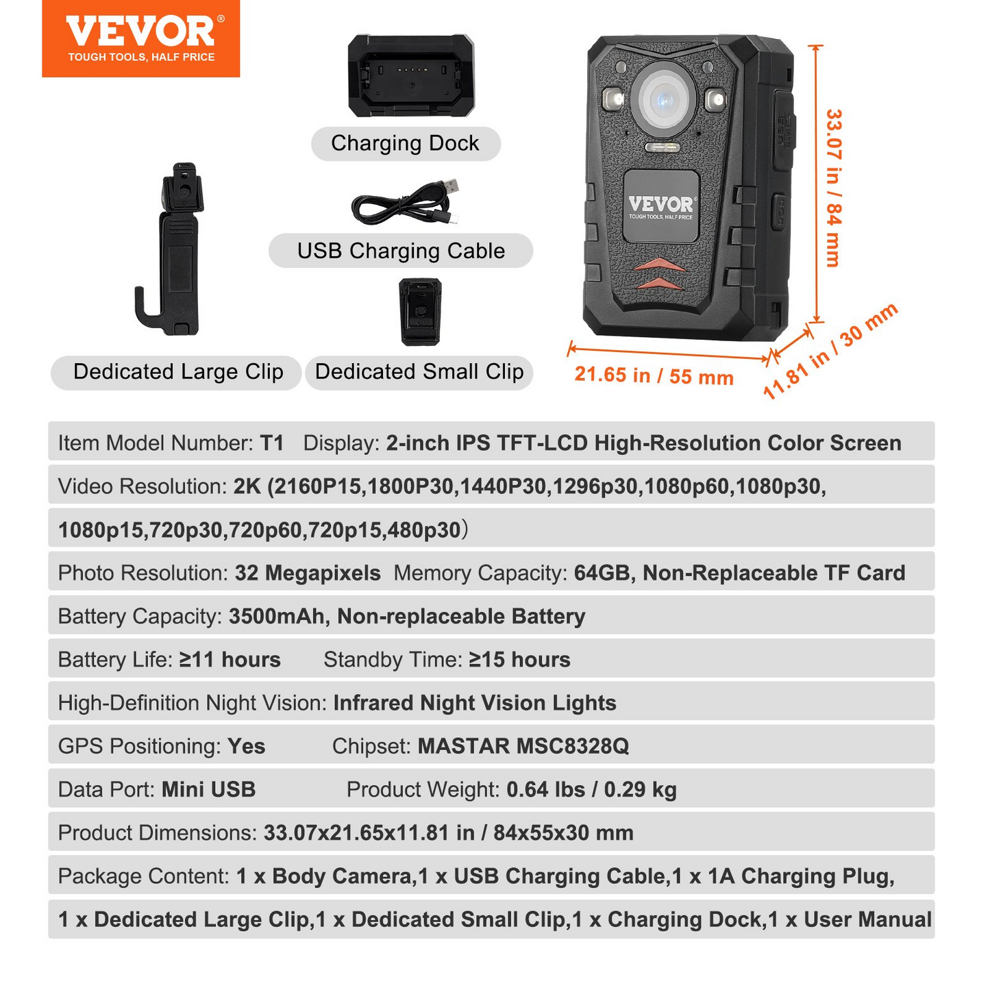 VEVOR 1440P HD Police Body Camera - 64GB Memory, Infrared Night Vision, GPS, Waterproof, 3500 mAh Battery