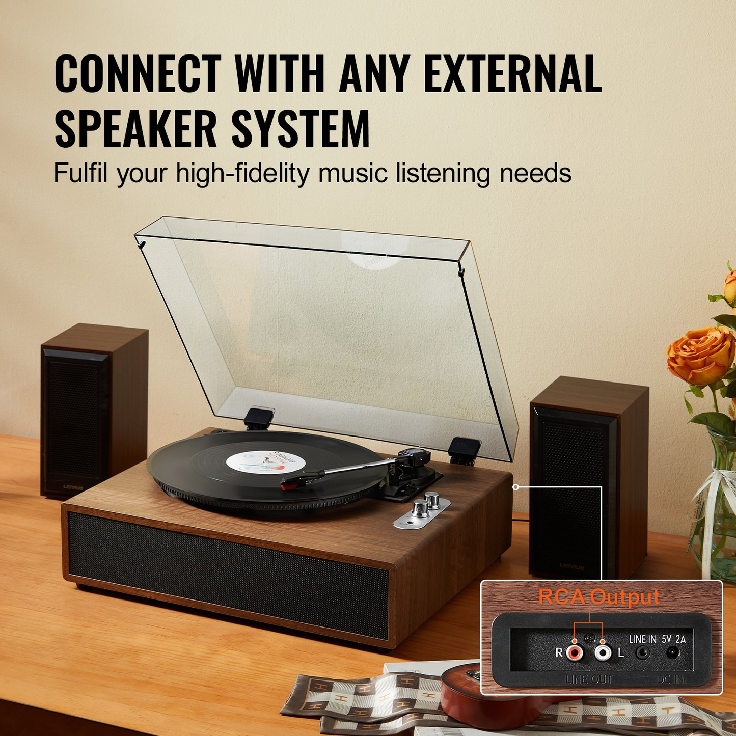 VEVOR Vinyl Record Player - 3-Speed Turntable with 10W Stereo Speakers, Magnetic Cartridge, Bluetooth, Aux & RCA Outputs, Supports 7/10/12 inch Records
