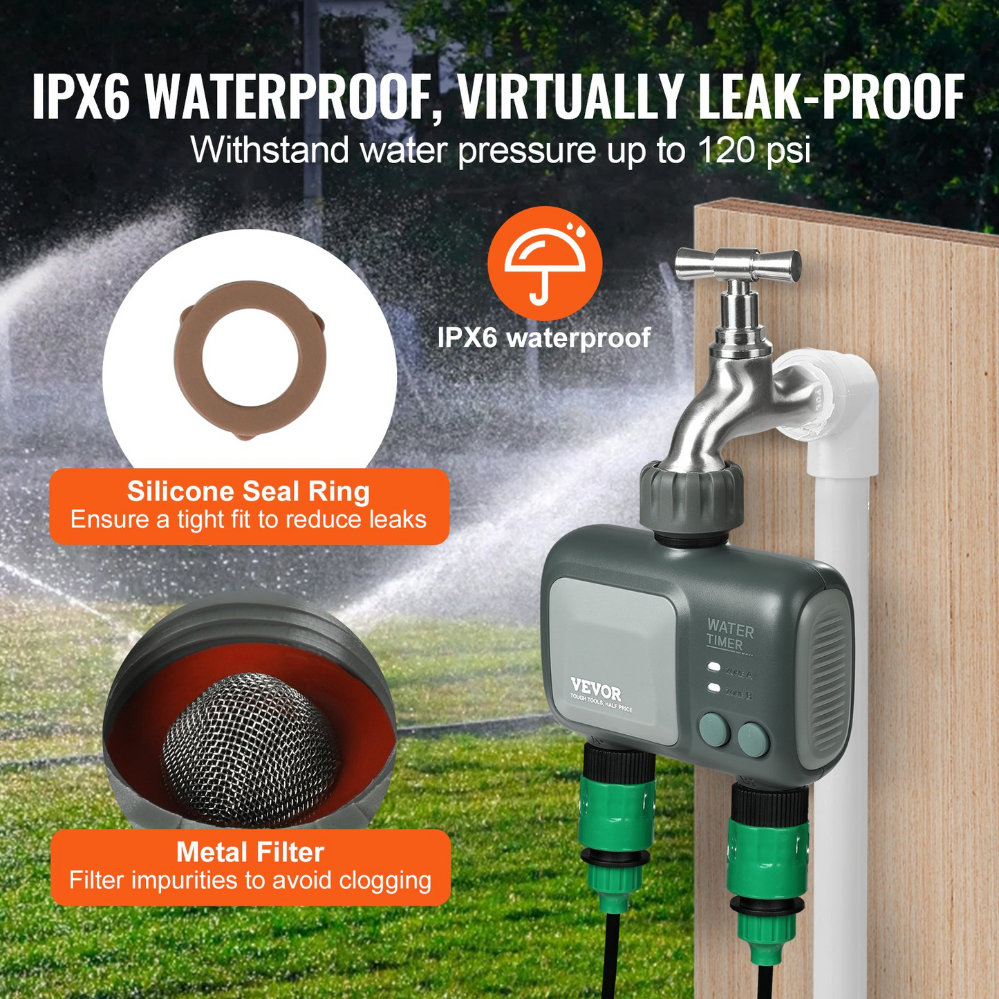 VEVOR WiFi Sprinkler Timer with Dual Outlets - Smart Control, Alexa & Google Assistant Compatible, IPX6 Waterproof, Brass Inlet for Yard Irrigation