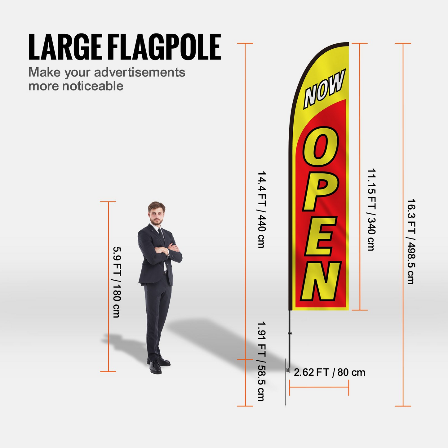 VEVOR Business Advertising Open Flags - High-Visibility Outdoor Banner with 14.4 ft Durable Pole, Easy Installation, Eye-Catching Design for Retail and Restaurants