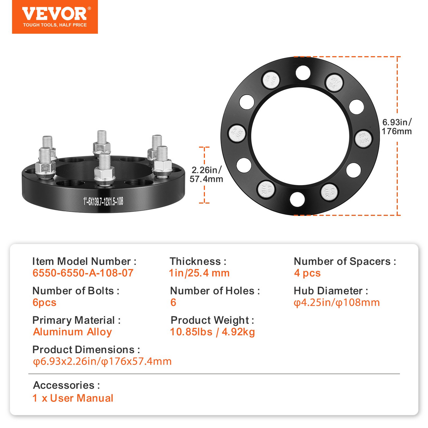 VEVOR 1" Wheel Spacers 6x5.5" - 4 PCS, Black Forged Aluminum, Enhanced Stability & Precision Fit for Improved Vehicle Handling