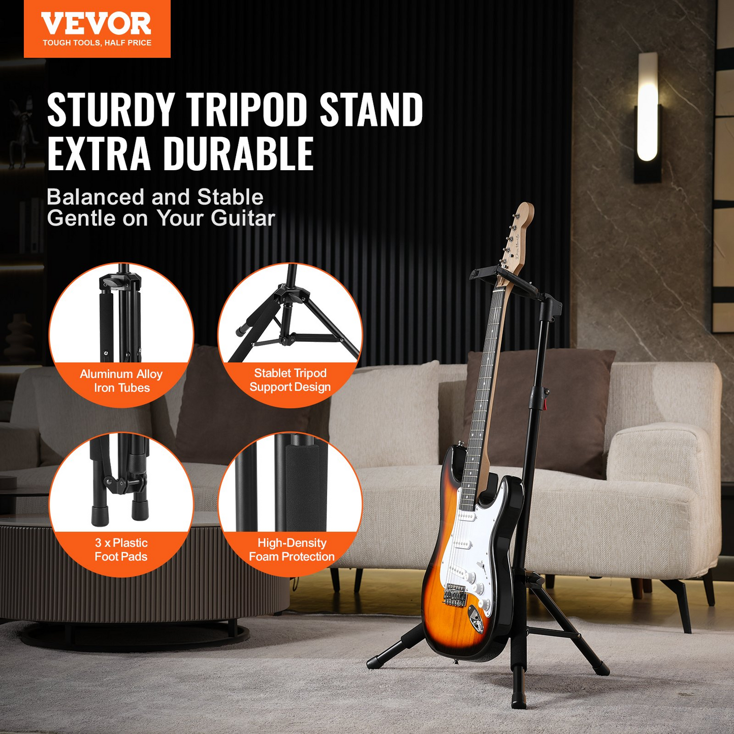 VEVOR Adjustable Tripod Guitar Stand – Sturdy & Foldable for Acoustic, Electric & Bass Guitars | Height Adjustable 35.4-47.2 inches
