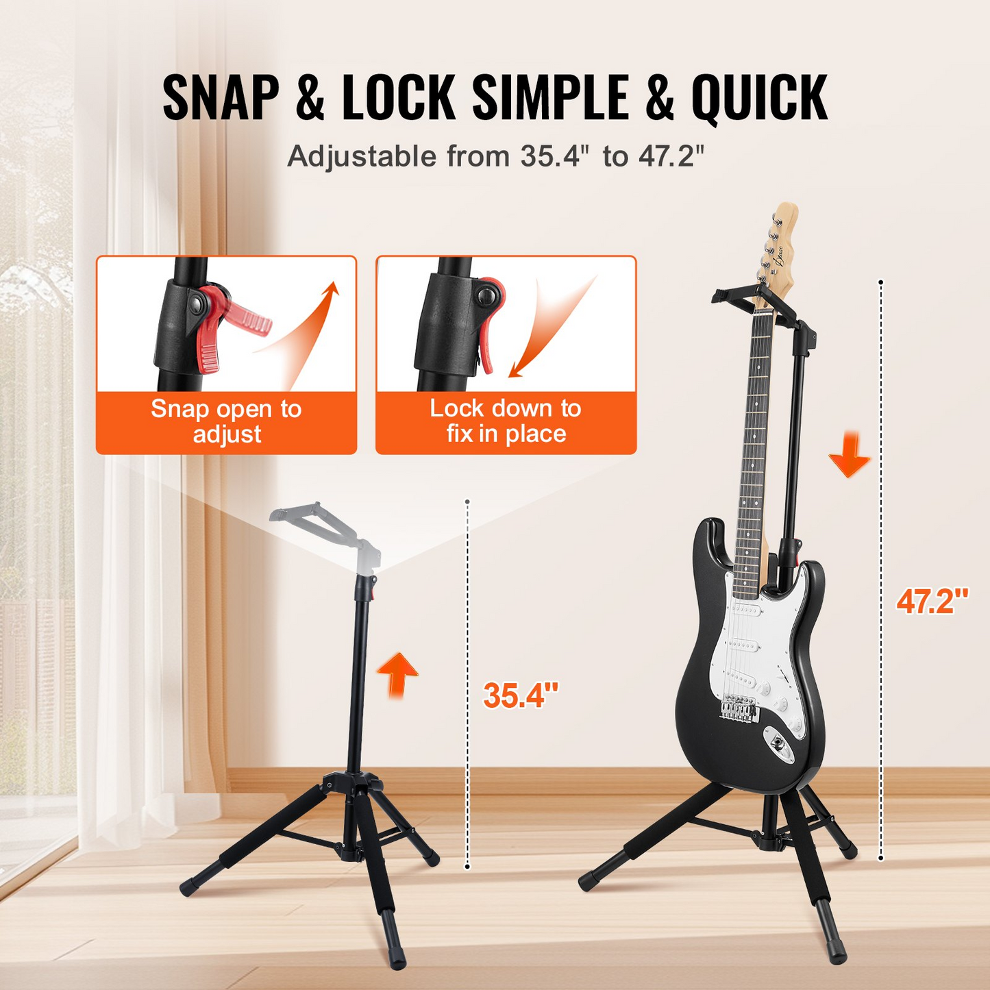 VEVOR Adjustable Tripod Guitar Stand – Sturdy & Foldable for Acoustic, Electric & Bass Guitars | Height Adjustable 35.4-47.2 inches