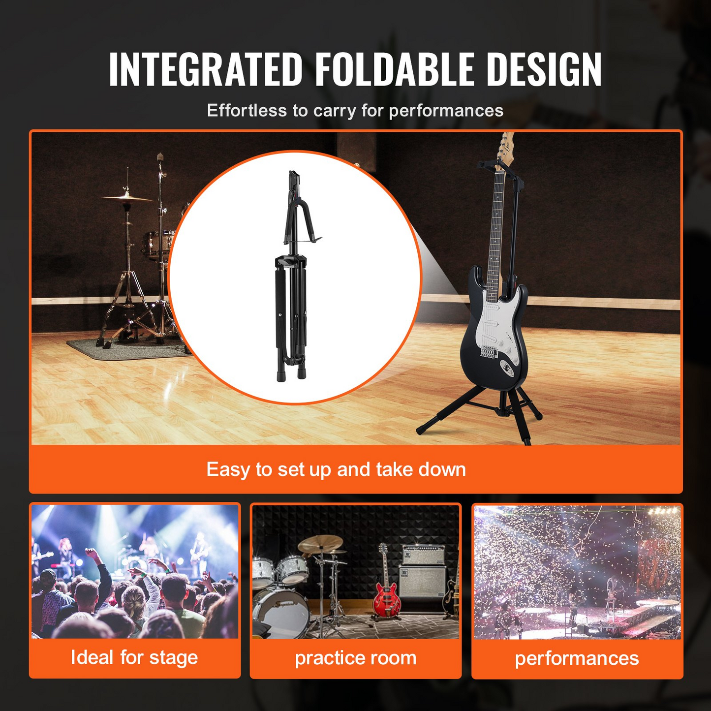 VEVOR Adjustable Tripod Guitar Stand – Sturdy & Foldable for Acoustic, Electric & Bass Guitars | Height Adjustable 35.4-47.2 inches