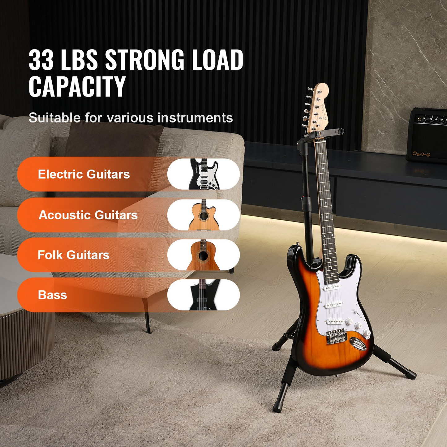 VEVOR Adjustable Tripod Guitar Stand – Sturdy & Foldable for Acoustic, Electric & Bass Guitars | Height Adjustable 35.4-47.2 inches