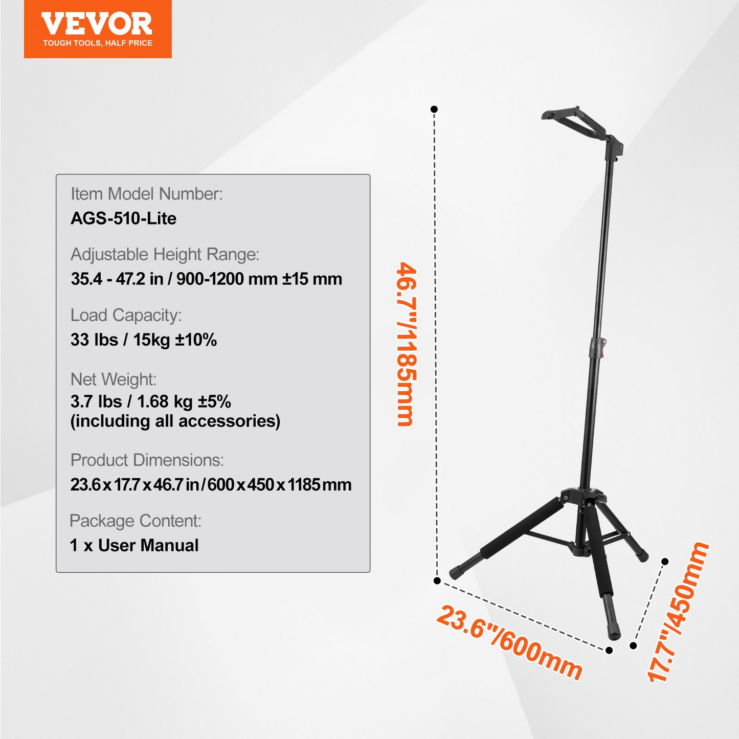 VEVOR Adjustable Tripod Guitar Stand – Sturdy & Foldable for Acoustic, Electric & Bass Guitars | Height Adjustable 35.4-47.2 inches