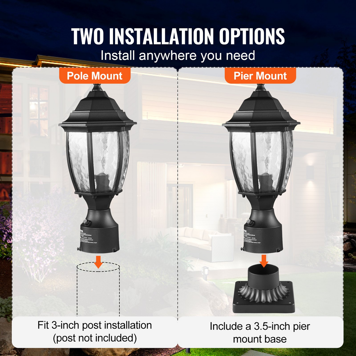 VEVOR Outdoor Lamp Post Light - Dusk to Dawn Sensor, 15.75" Pole or Pier Mount, Elegant and Weatherproof Aluminum Alloy and Glass Design