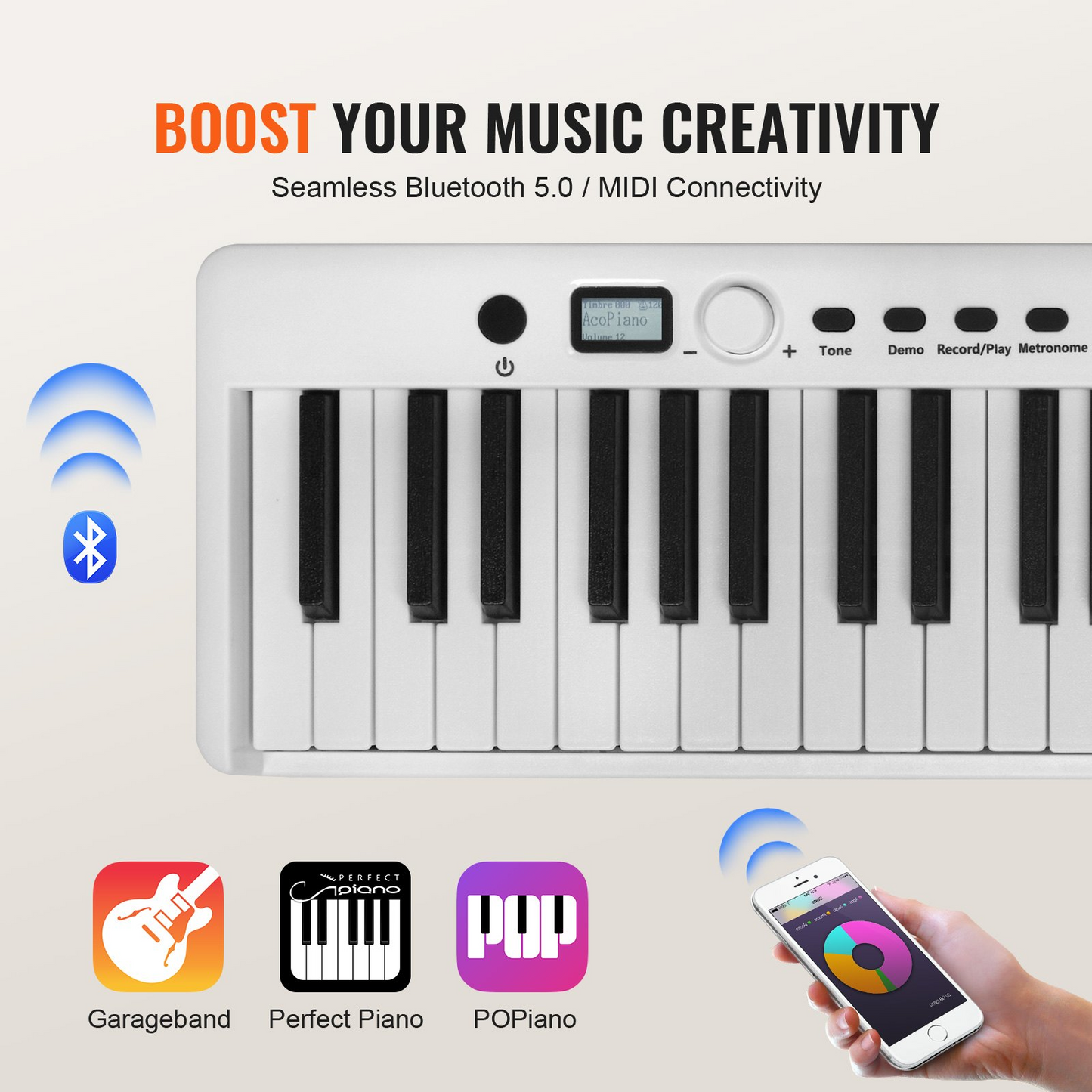 VEVOR 88 Key Folding Keyboard Piano - Portable & Foldable, Bluetooth MIDI, White - Ideal for Music Education & Practice
