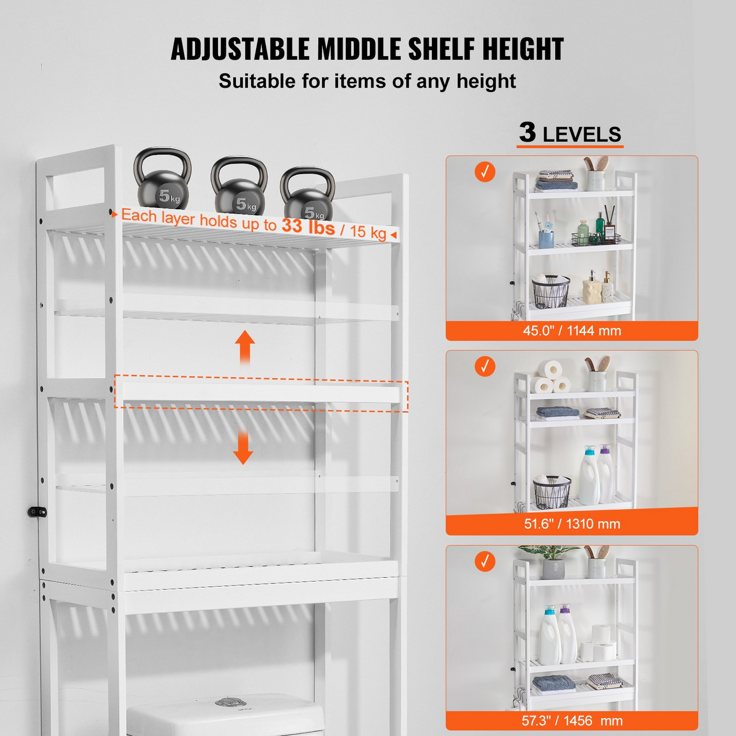 VEVOR 3-Tier Over the Toilet Storage Rack - Bamboo Space Saver Shelf - Adjustable Bathroom Organizer, Easy Installation, White