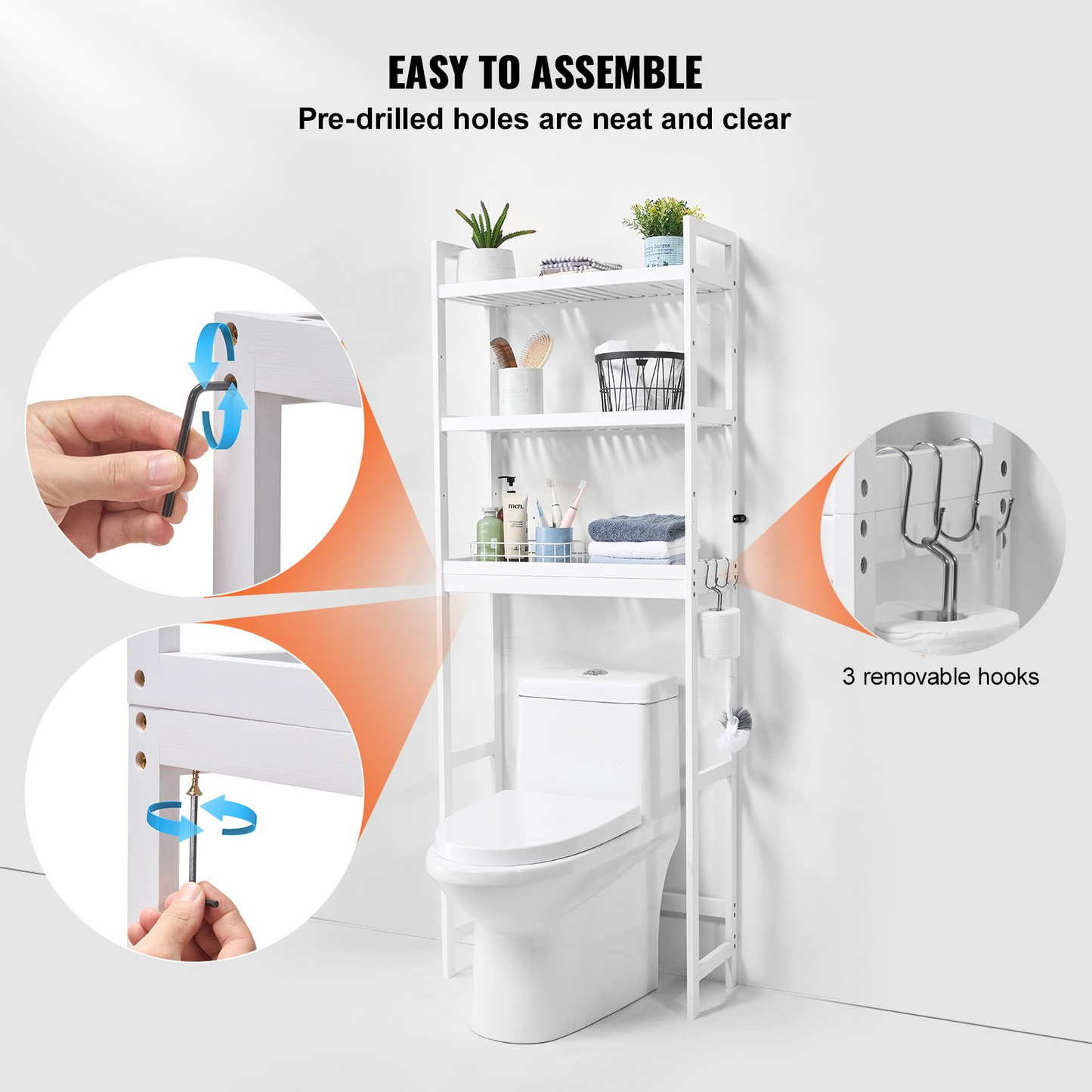 VEVOR 3-Tier Over the Toilet Storage Rack - Bamboo Space Saver Shelf - Adjustable Bathroom Organizer, Easy Installation, White