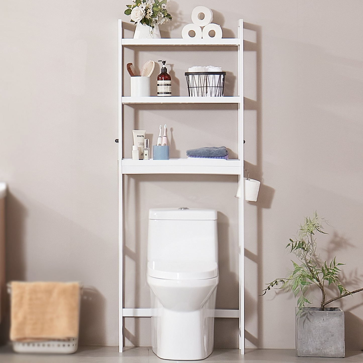VEVOR 3-Tier Over the Toilet Storage Rack - Bamboo Space Saver Shelf - Adjustable Bathroom Organizer, Easy Installation, White