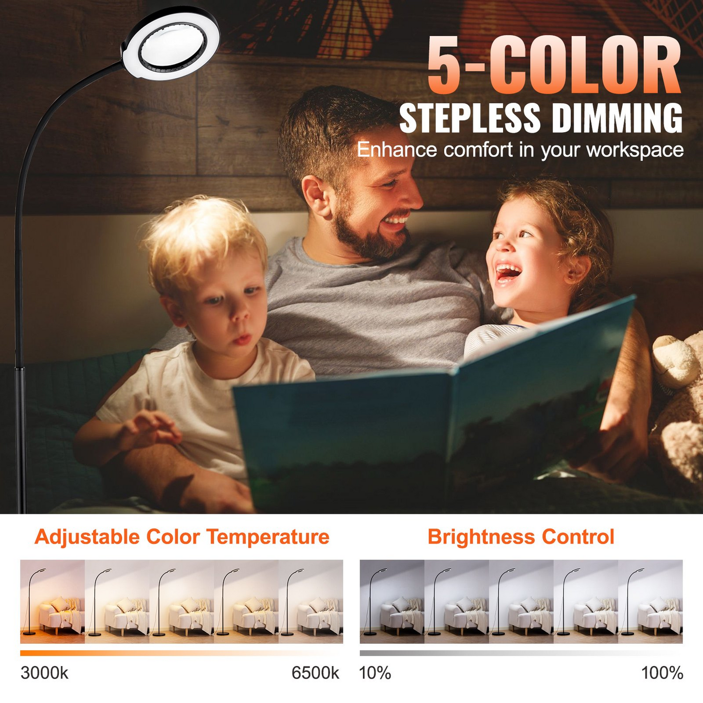 VEVOR 5X Magnifying Glass with LED Light - Flexible Gooseneck Floor Lamp for Reading, Crafting & Professional Precision