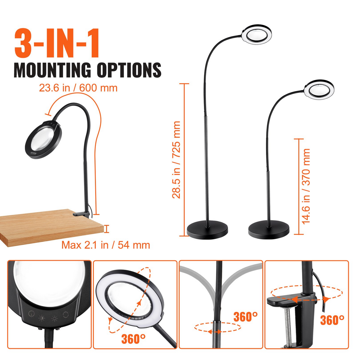 VEVOR 5X Magnifying Glass with LED Light - Flexible Gooseneck Floor Lamp for Reading, Crafting & Professional Precision