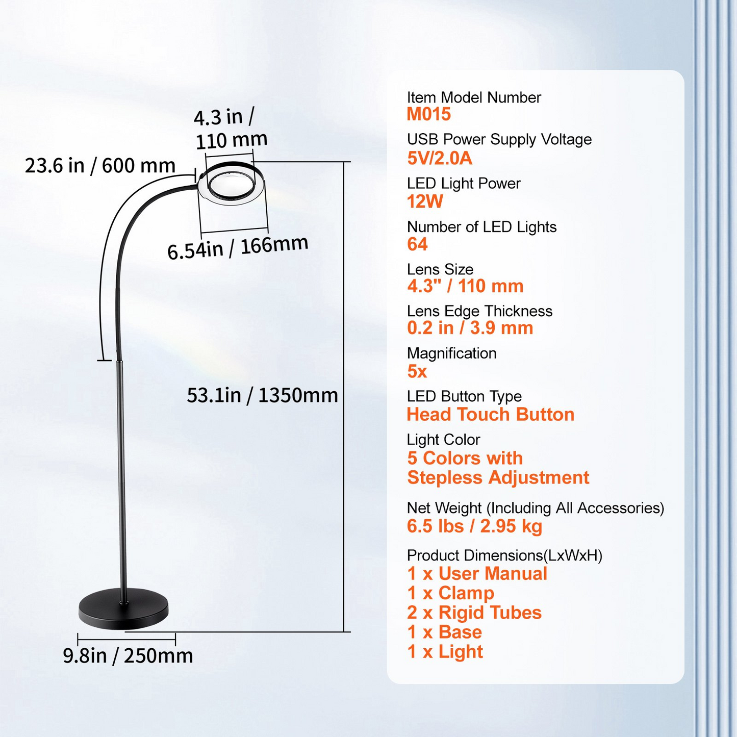 VEVOR 5X Magnifying Glass with LED Light - Flexible Gooseneck Floor Lamp for Reading, Crafting & Professional Precision