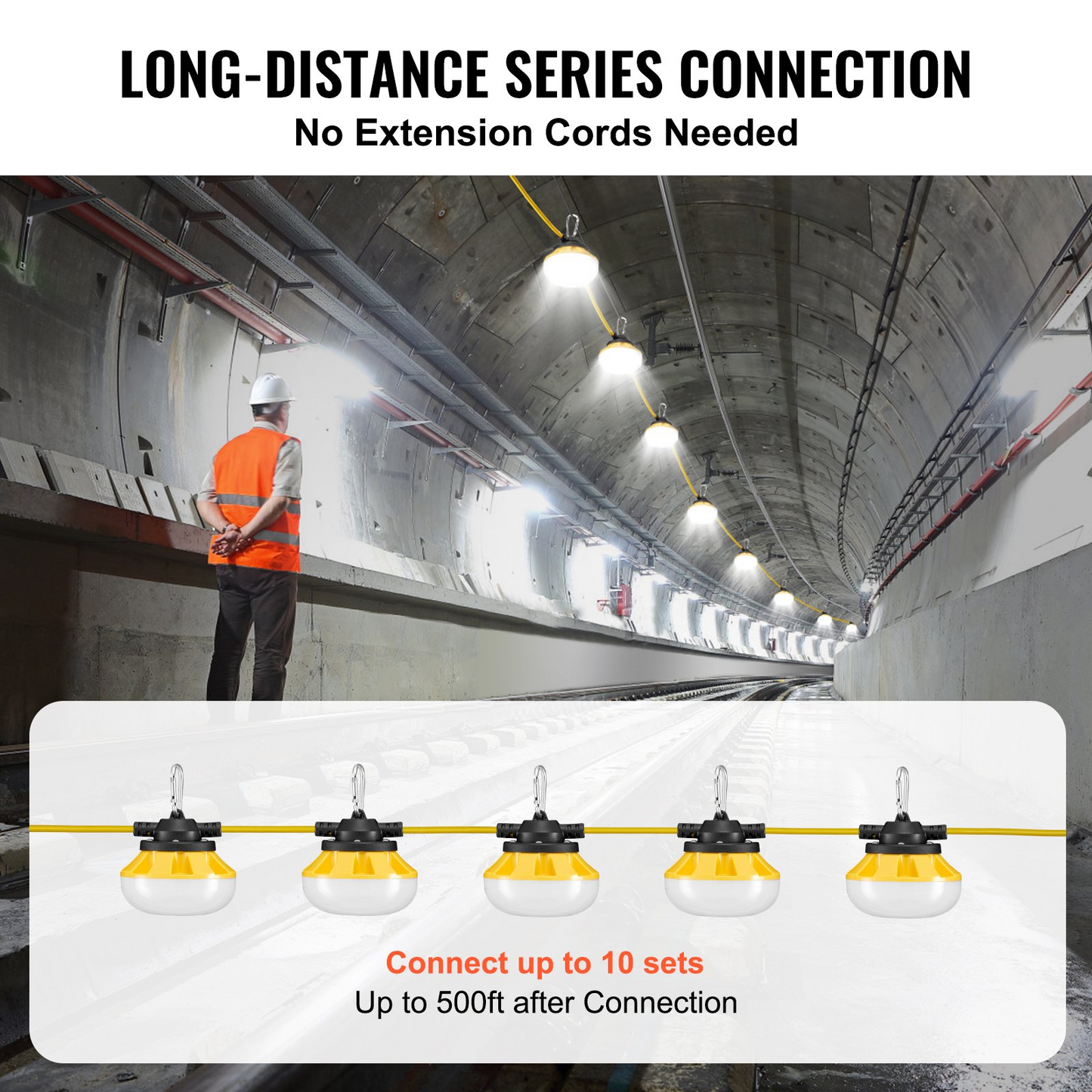 VEVOR 50FT LED Construction String Lights - 50W, 5000 Lumens, Connectable, Waterproof Work Lights for Outdoor Projects, Energy Efficient, Weather Resistant, Easy Installation