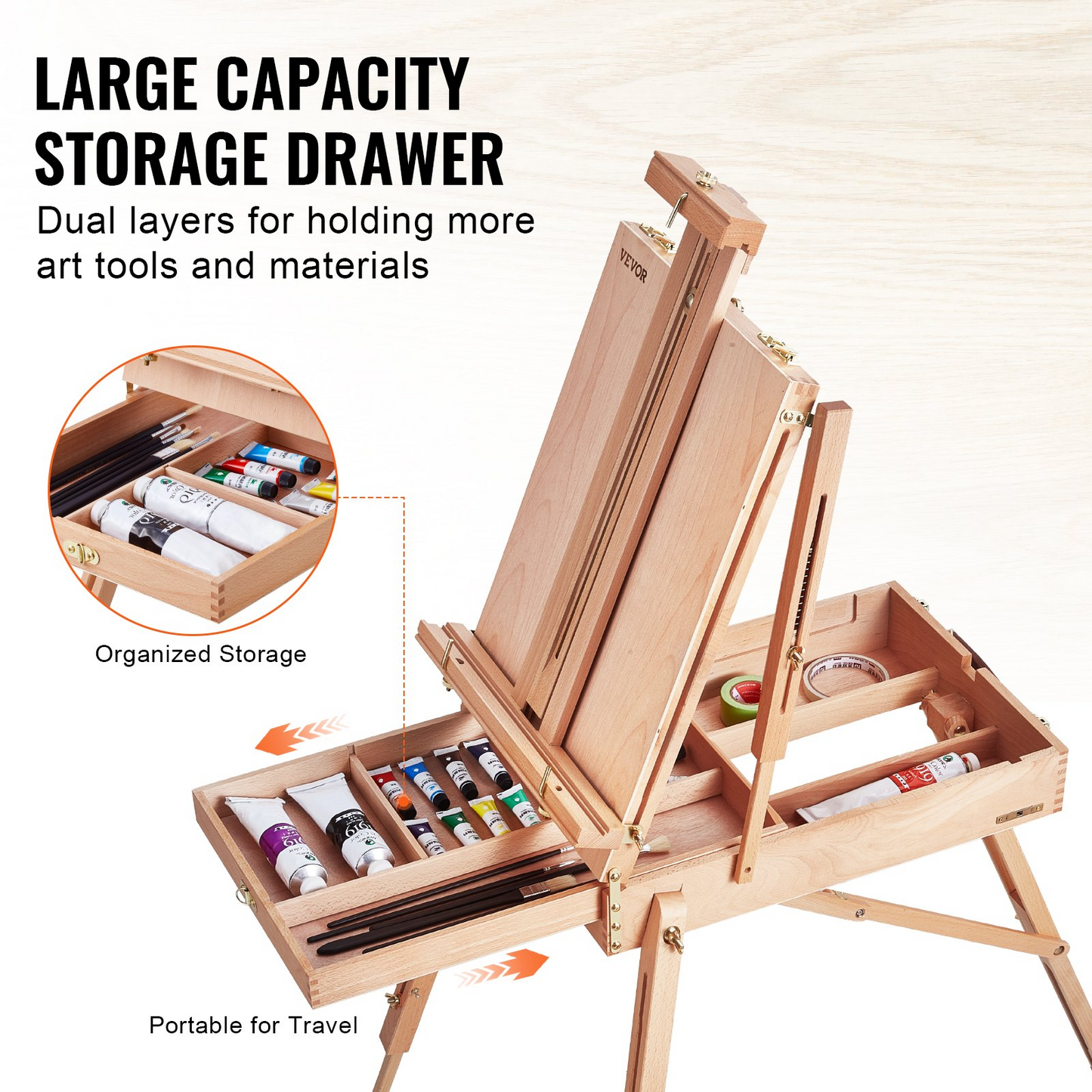 VEVOR 34" Adjustable Beechwood French Easel - Portable & Durable Art Companion with Built-in Drawer for Artists