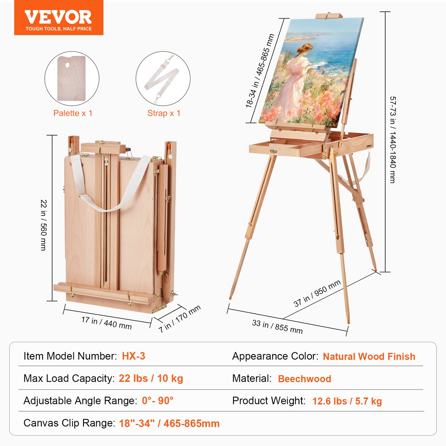 VEVOR 34" Adjustable Beechwood French Easel - Portable & Durable Art Companion with Built-in Drawer for Artists