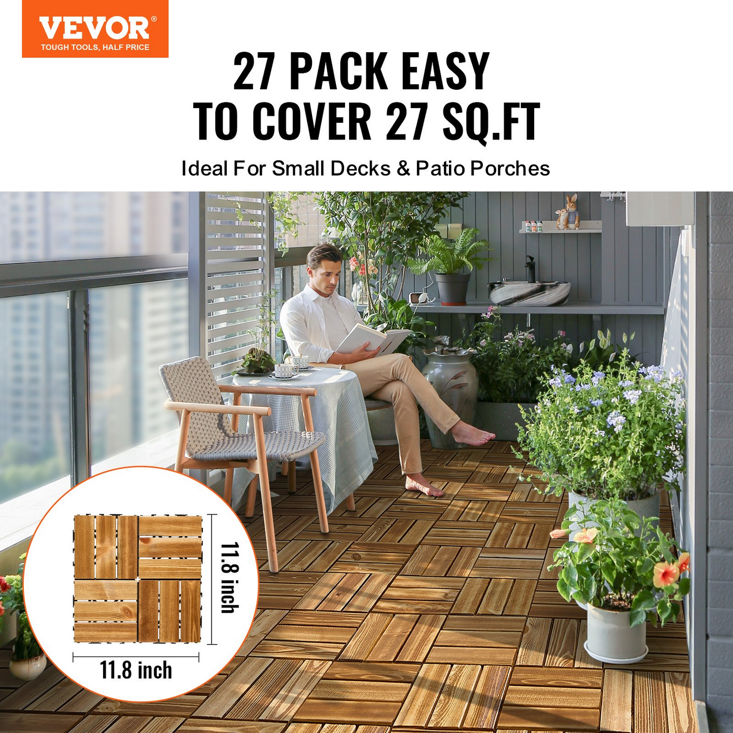 VEVOR Interlocking Deck Tiles 27-Pack – Premium Camphor Pine Wood, Weather-Resistant 12"x12" Tiles for Patios, Balconies & Outdoor Spaces